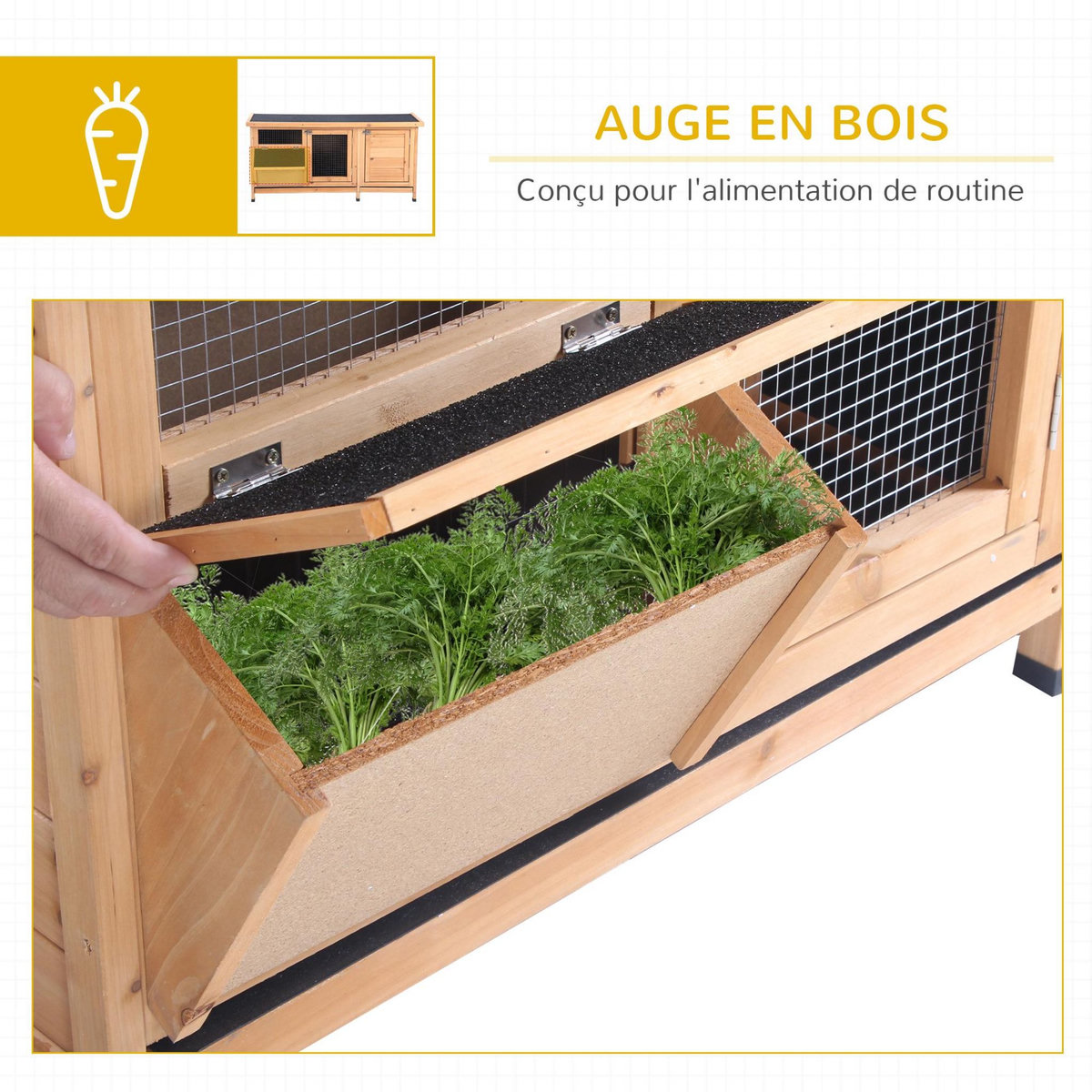 PAWHUT Clapier sur pieds - cage à lapin - 2 plateaux coulissants à excrément, 2 portes verrouillables, toit bitumé ouvrant, râtelier à foin - bois sapin pré-huilé