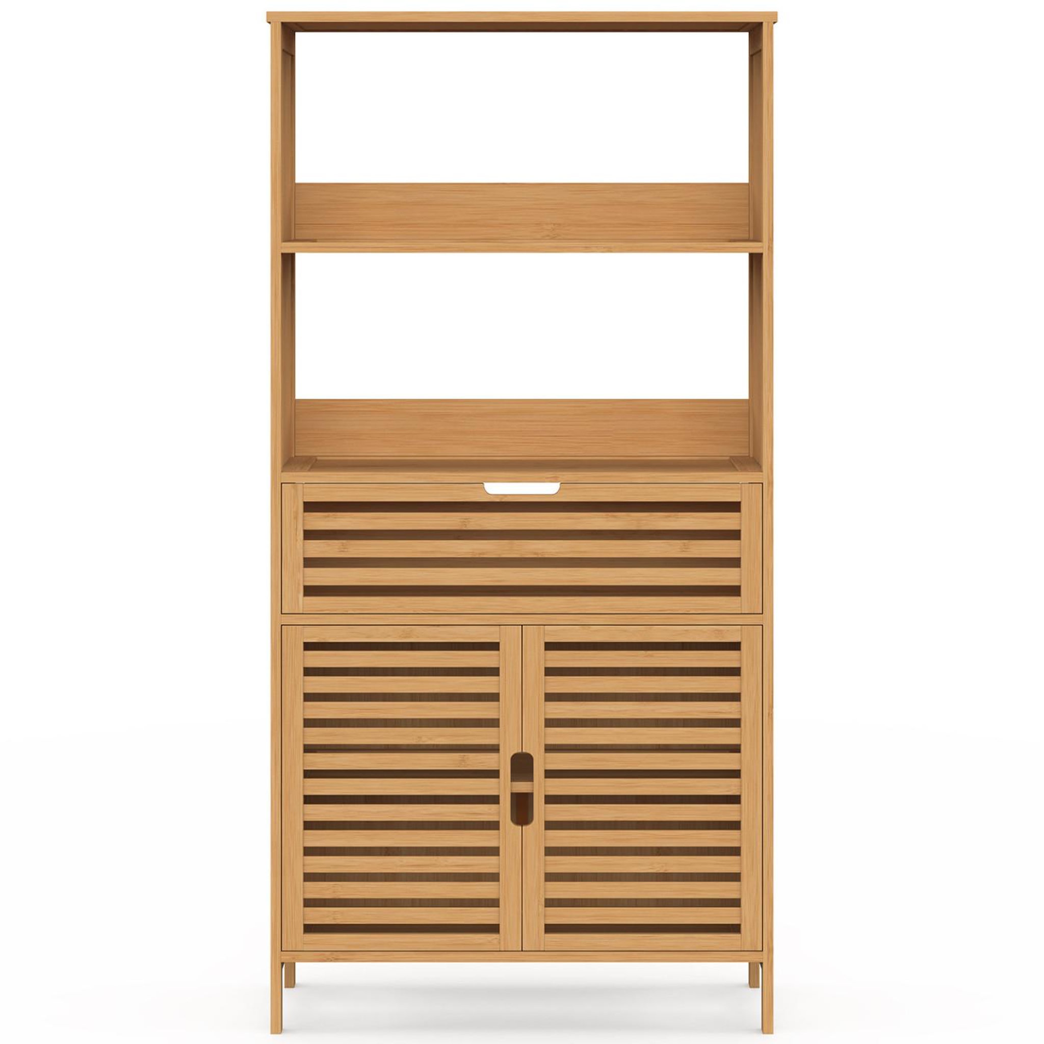 Voir la diapositive 3 : ID MARKET Meuble armoire salle de bain bambou BEA 2 portes et 1 tiroir avec étagères