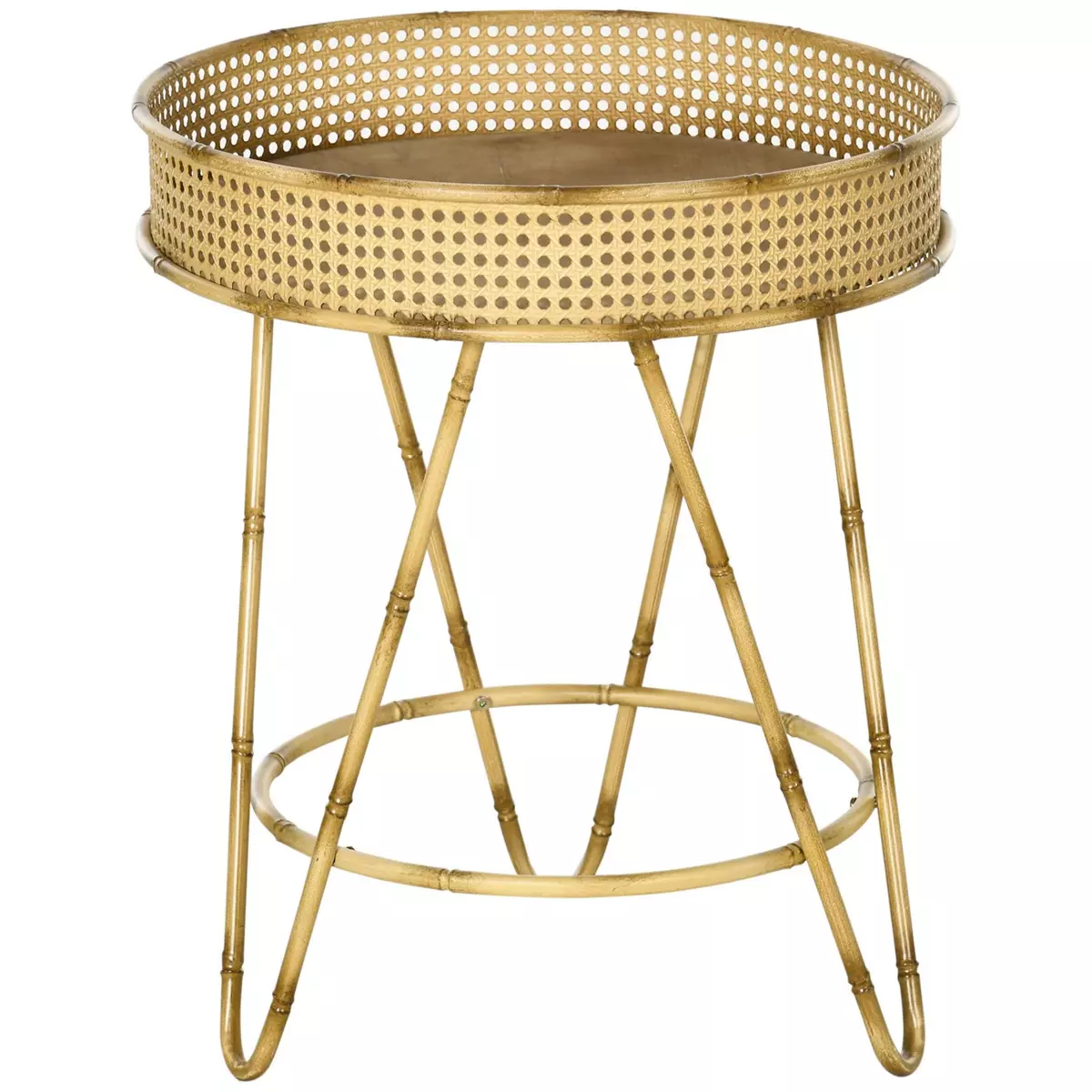 HOMCOM Table d'appoint ronde bout de canapé style naturel Ø 50 x 59,5H cm métal MDF aspect bambou rotin