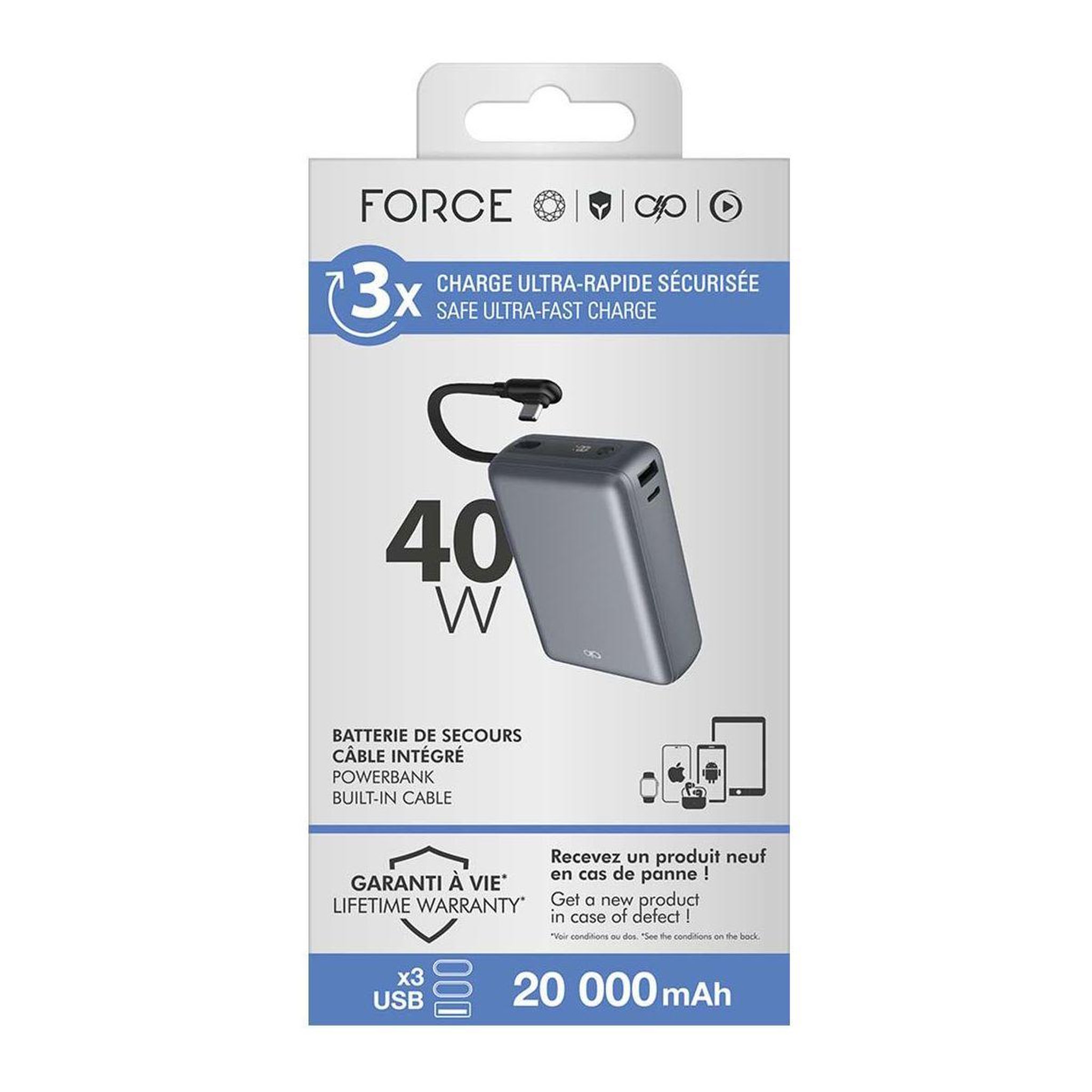 Voir la diapositive 5 : FORCE POWER Batterie externe 20000mah usb-a/usb-c + cable usb-c 40w
