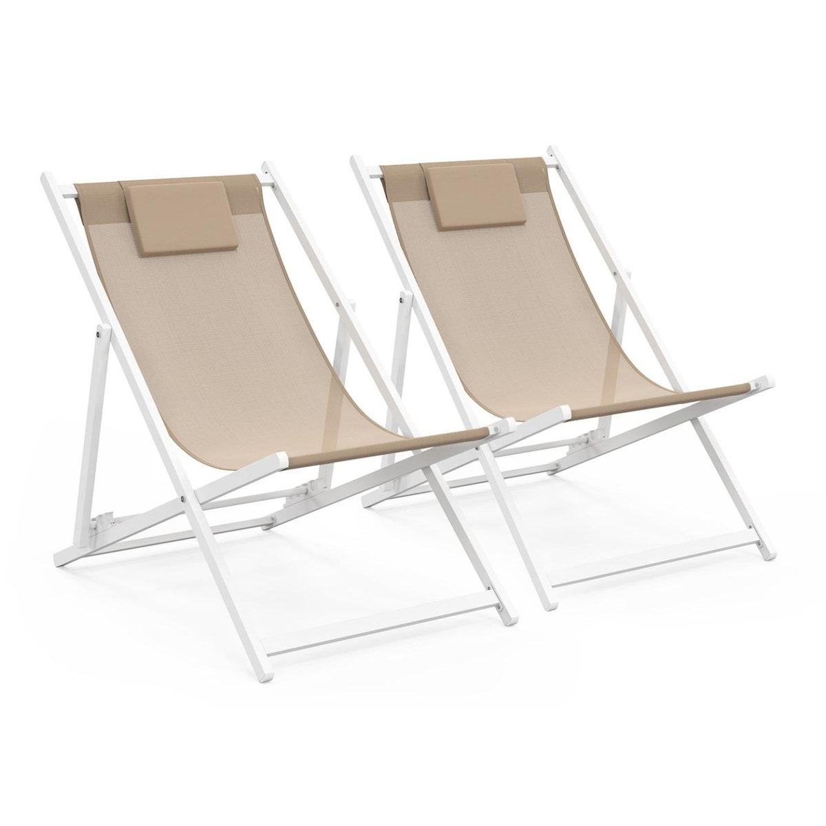 ID MARKET Lot de 2 chiliennes en métal blanc LOTA toile textilène beige