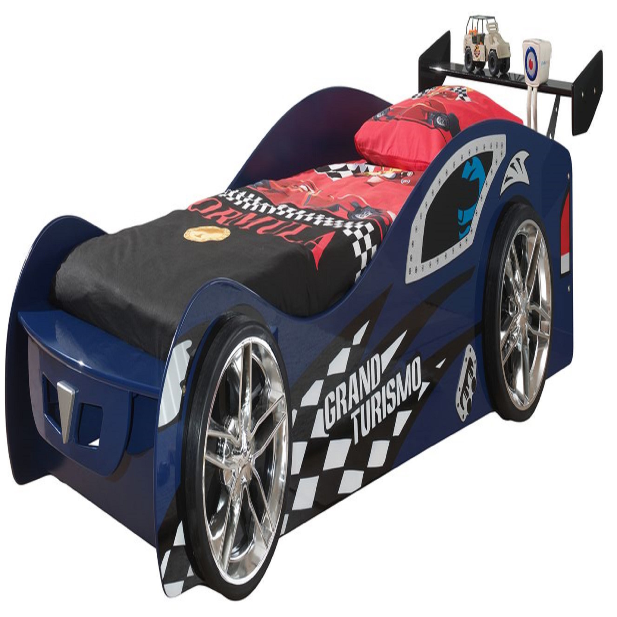 Lit enfant en forme de voiture et sommier 90x200 bleu SPEED