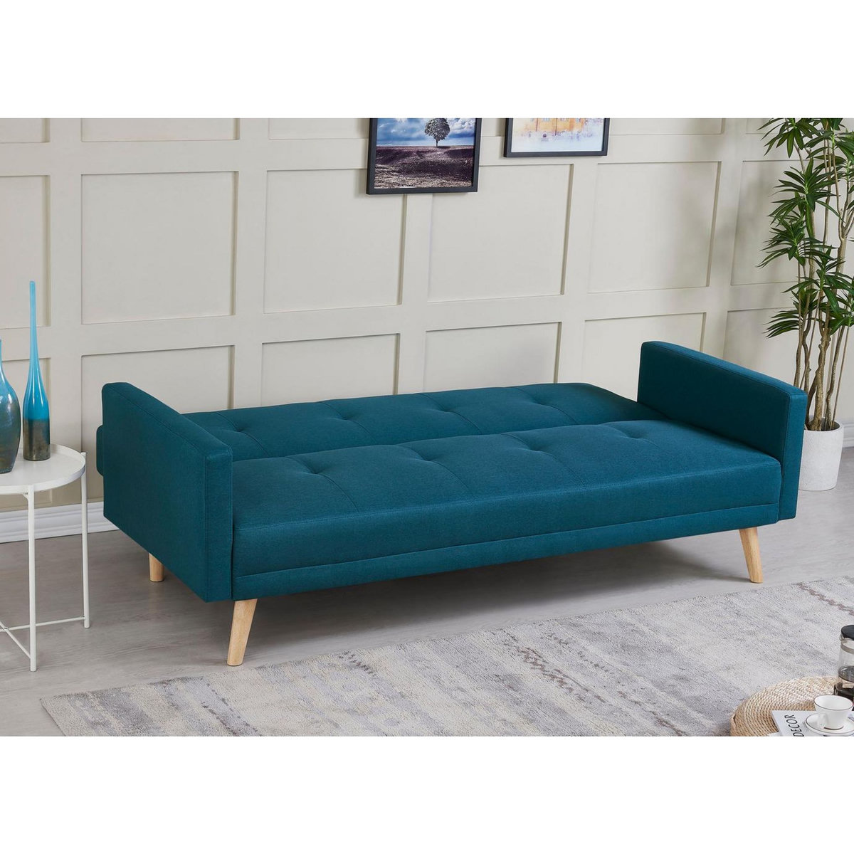 CONCEPT USINE Canapé scandinave convertible 3 places en tissu bleu canard WOODEN