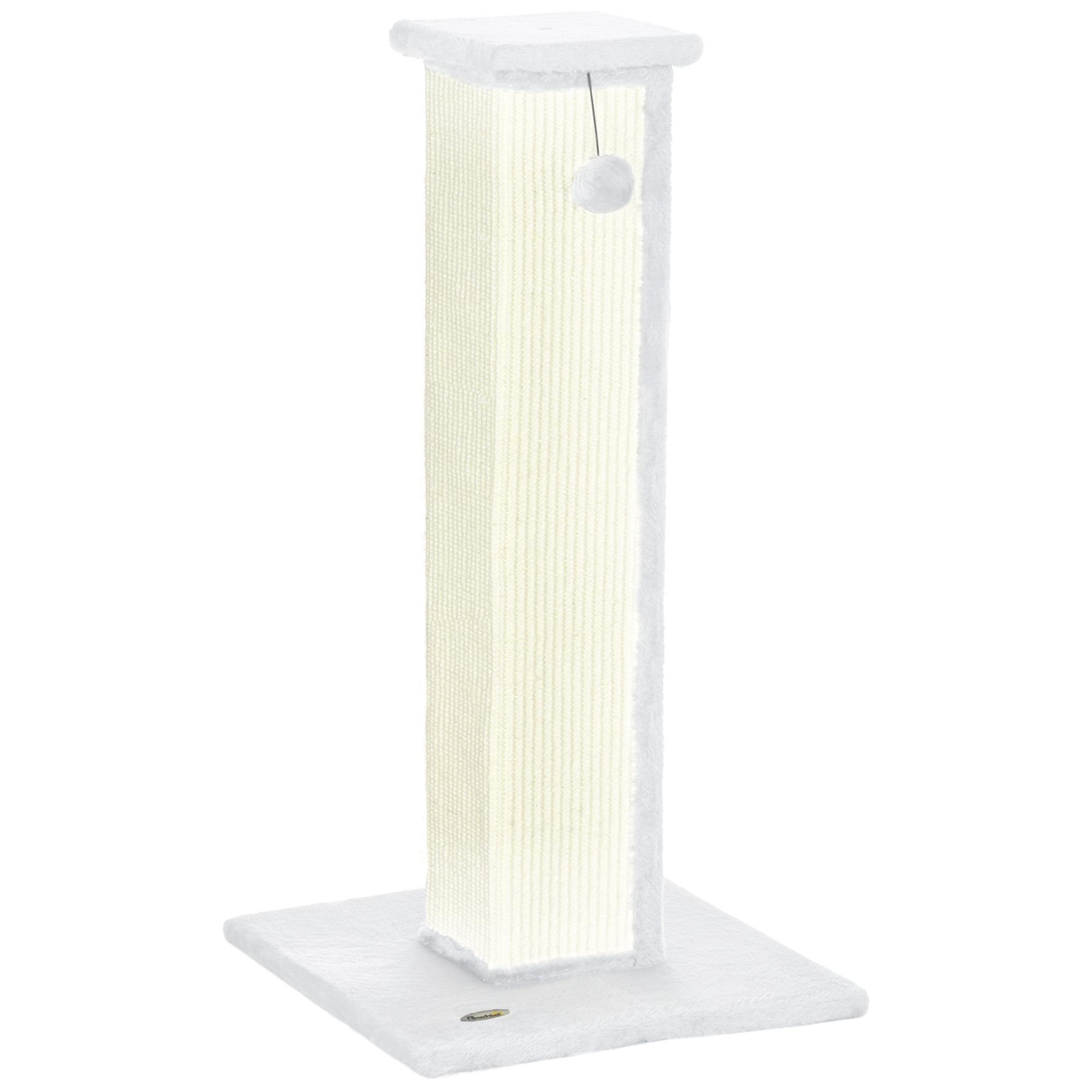 PAWHUT Griffoir tour pour chat H.81 cm - poteau à griffer avec jeu balle suspendue - peluche blanc sisal naturel