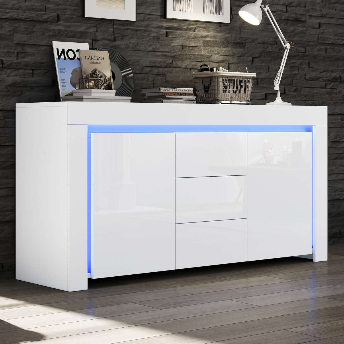 MERAX Buffet 2 porte(s) 3 tiroir(s) - 140 cm blanc led mdf