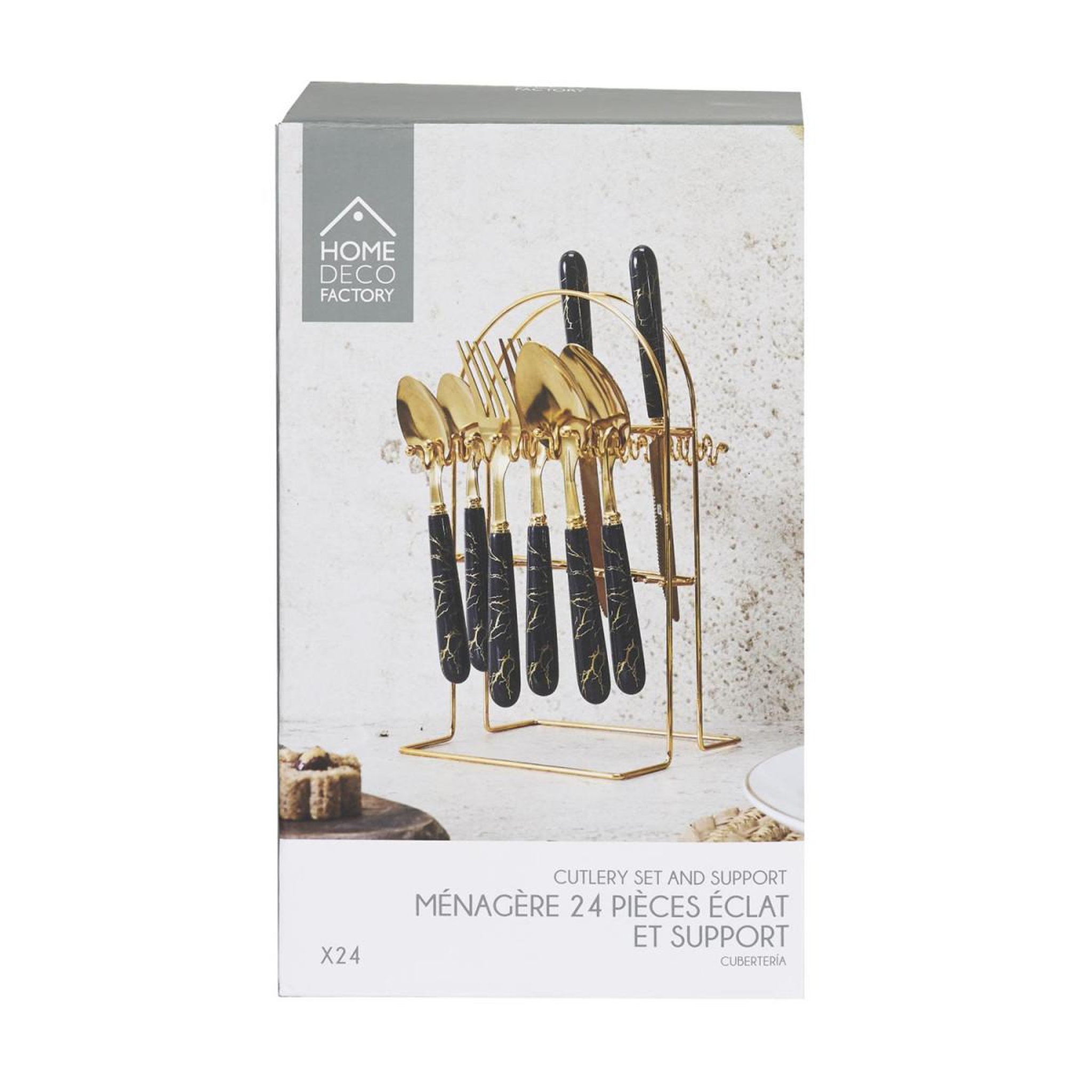 Voir la diapositive 6 : The Home Deco Factory Ménagère 24 Pièces Avec Support  Eclat  26cm Noir & Or