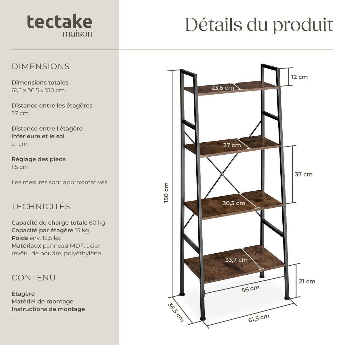 tectake Étagère style industriel Bois foncé industriel, rustique