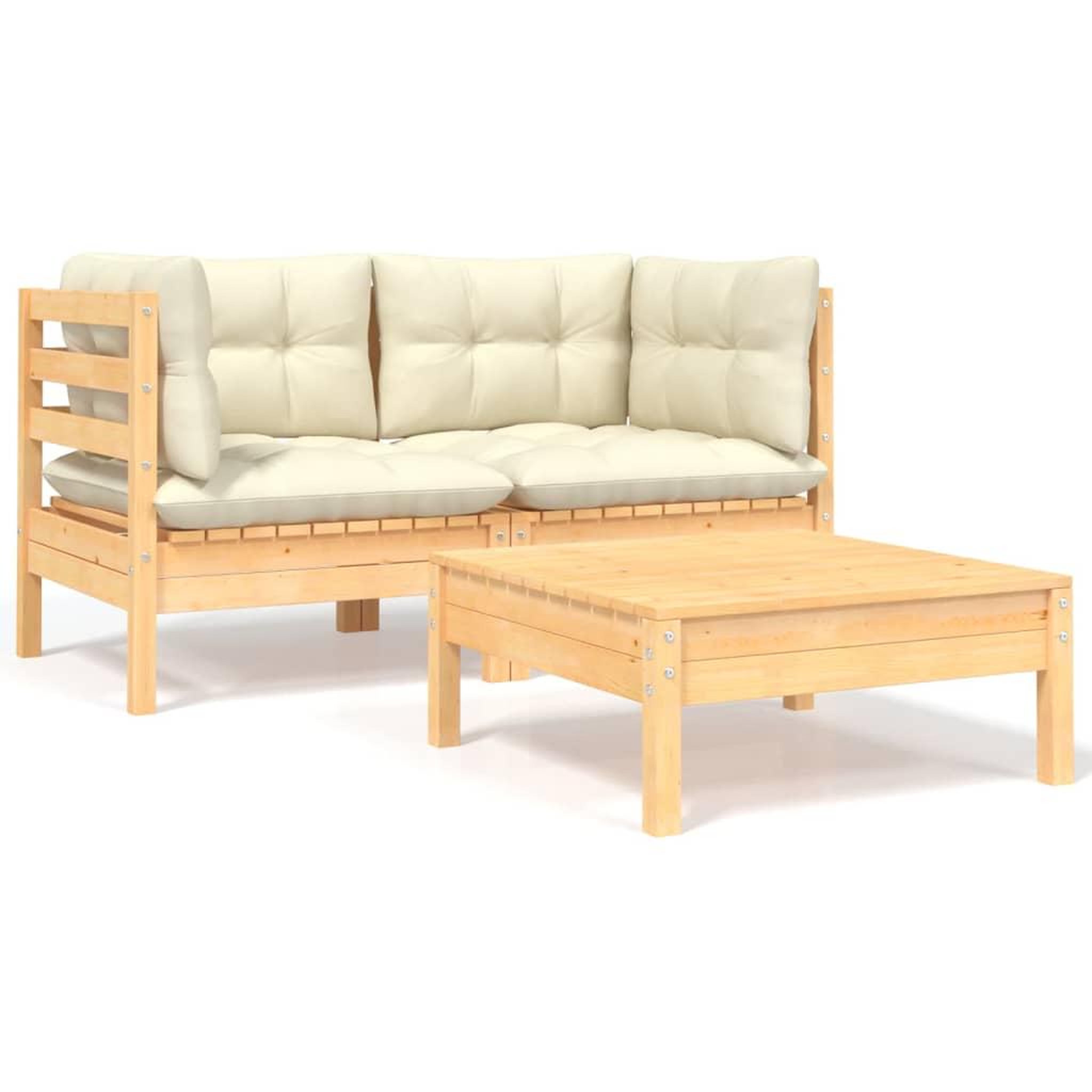 Voir la diapositive 1 : VIDAXL Salon de jardin 3 pcs avec coussins creme Bois de pin massif