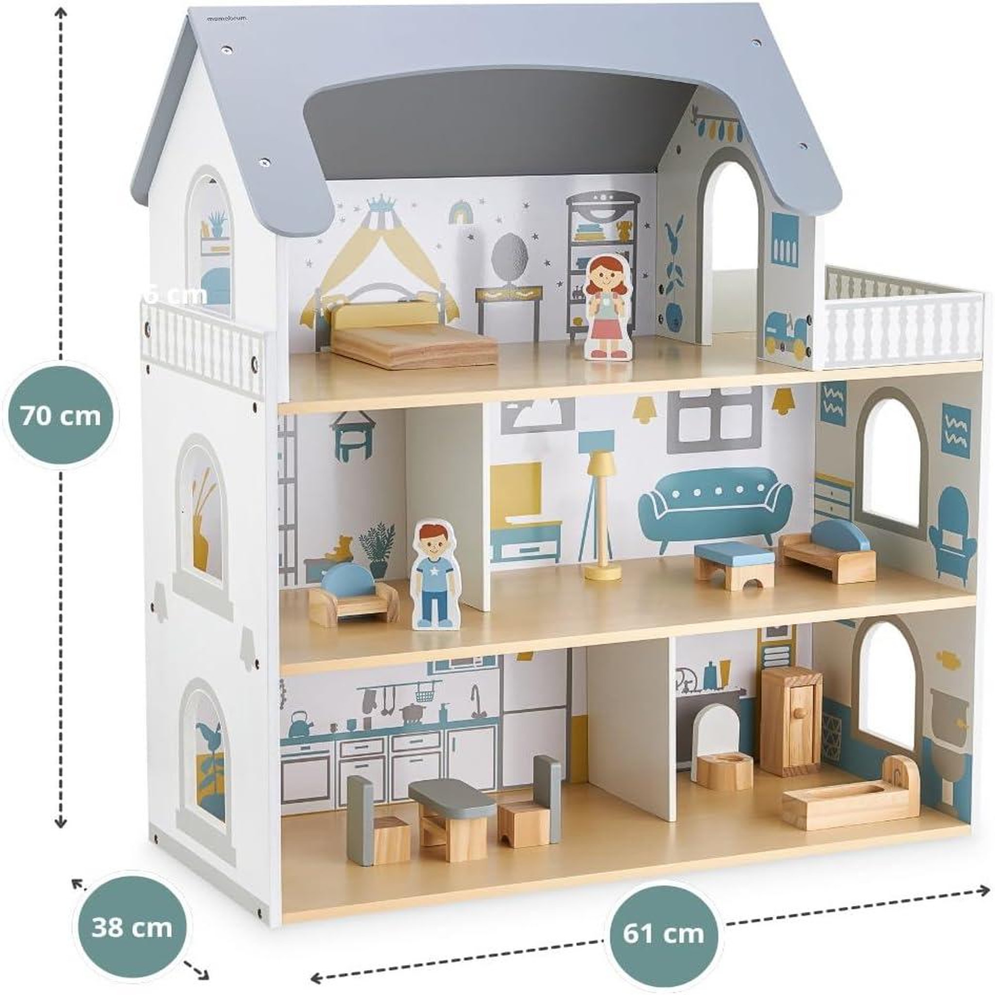 Voir la diapositive 4 : MAMABRUM Maison de Poupée Bois avec Terrasse et Accessoires, 3 Niveaux, 5 Pièces, Meubles Amovibles