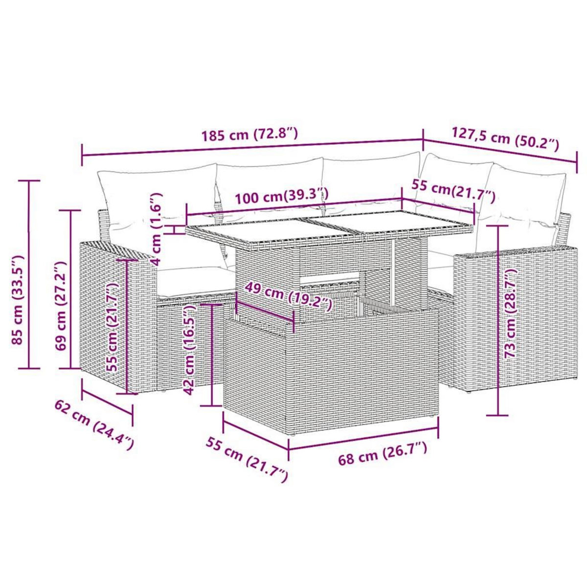 VIDAXL Salon de jardin avec coussins 5 pcs marron resine tressee