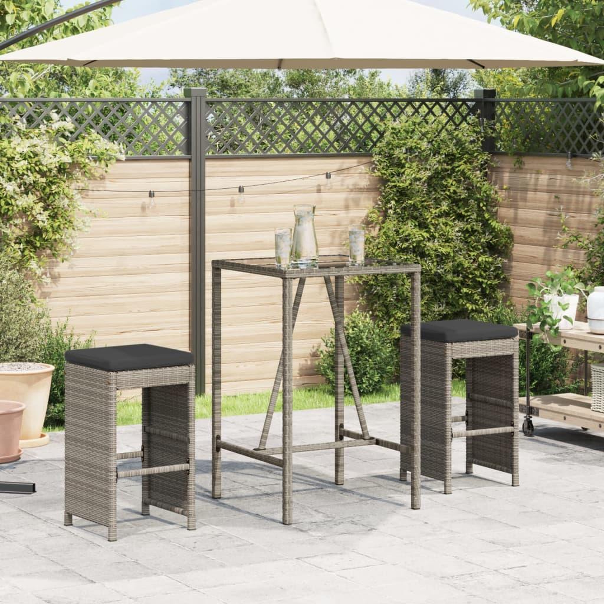 VIDAXL Tabourets de bar jardin coussins lot de 2 gris resine tressee