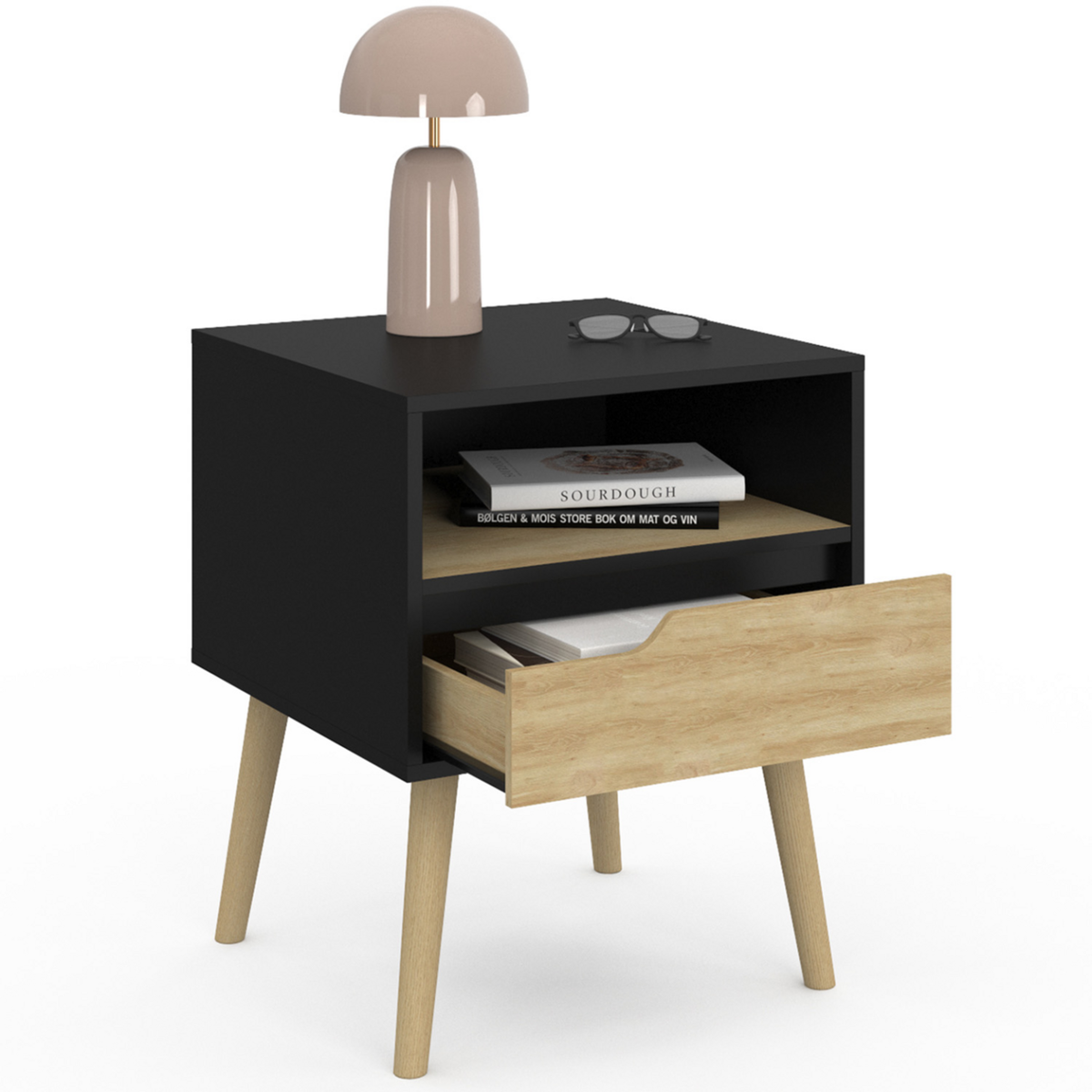 ID MARKET Lot de 2 tables de chevet HELSINKI scandinaves 1 tiroir avec niche noir et effet hêtre