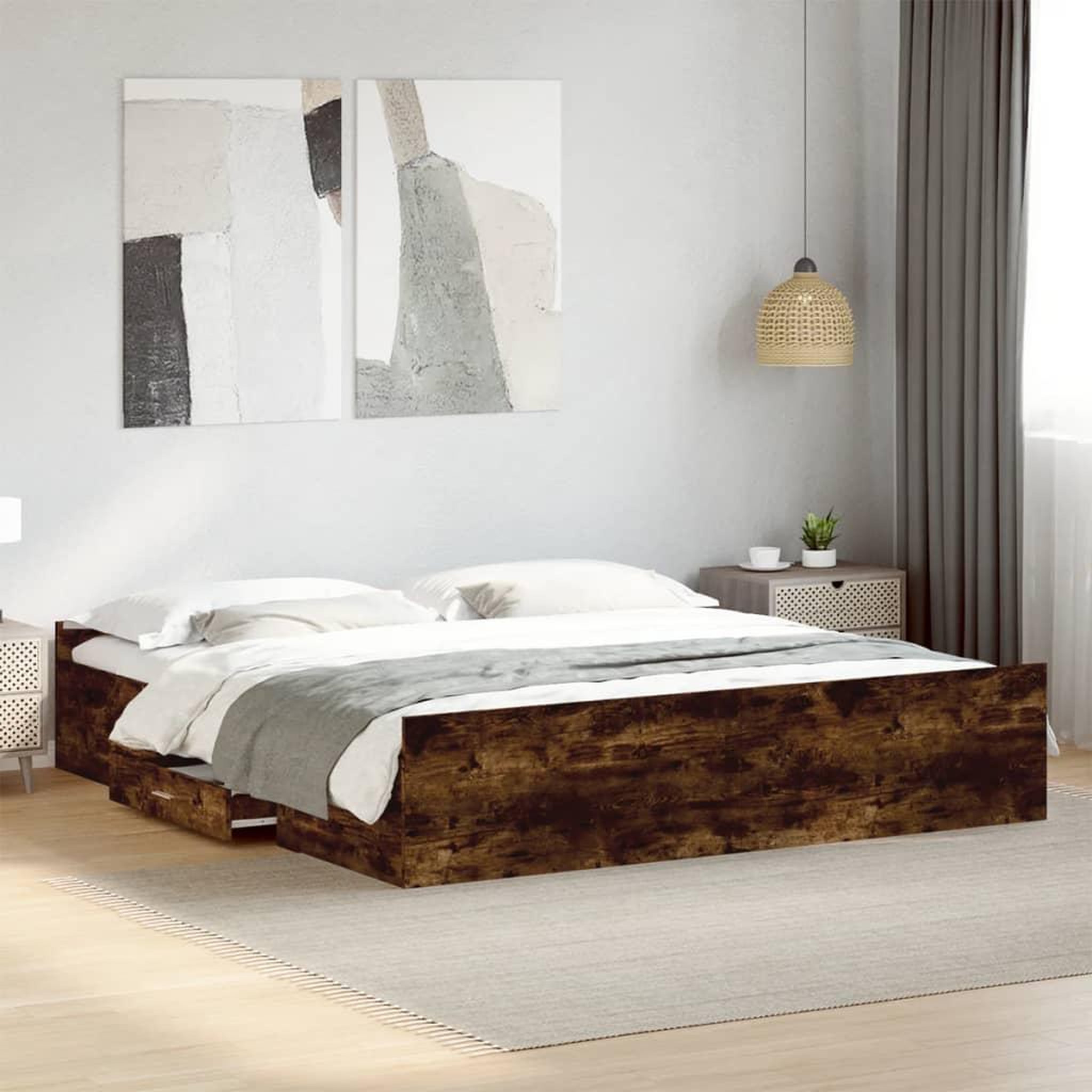 VIDAXL Cadre de lit avec tiroirs sans matelas chene fume 200x200 cm