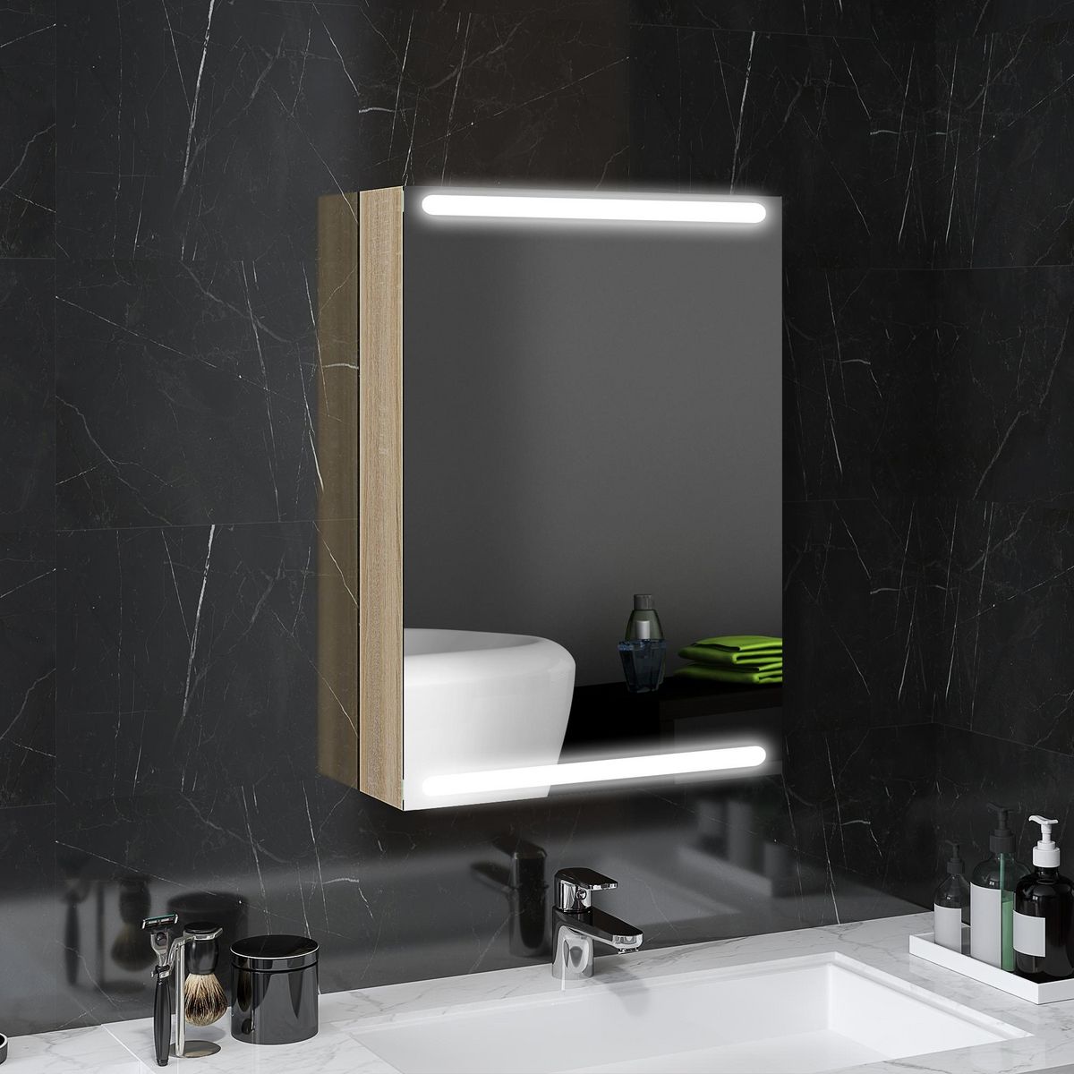 HOMCOM Armoire murale salle de bain  1 porte miroir lumineux LED intégré 50 x 70 cm 2 étagères verre effet bois