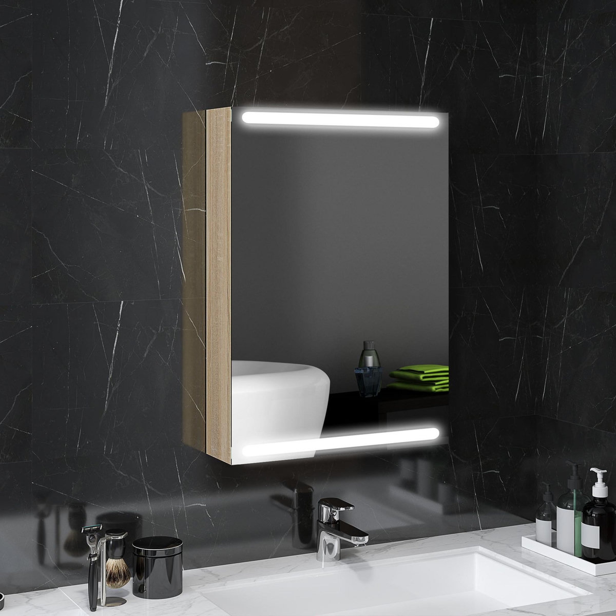 HOMCOM Armoire murale salle de bain  1 porte miroir lumineux LED intégré 50 x 70 cm 2 étagères verre effet bois