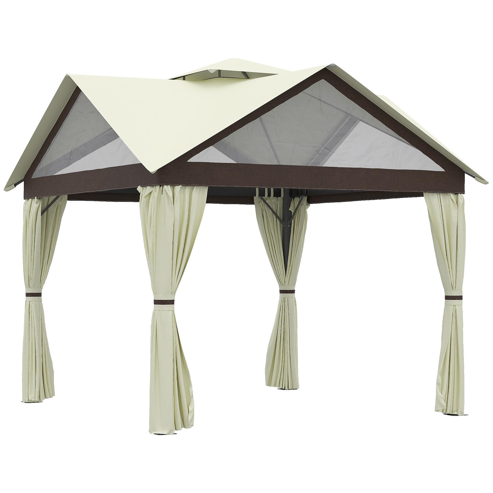 Voir la diapositive 1 : OUTSUNNY Pavillon de jardin style colonial - barnum double toit, 4 fenêtres, rideaux - dim. 3,5L x 3,5l x 3,33H m - métal noir polyester marron beige
