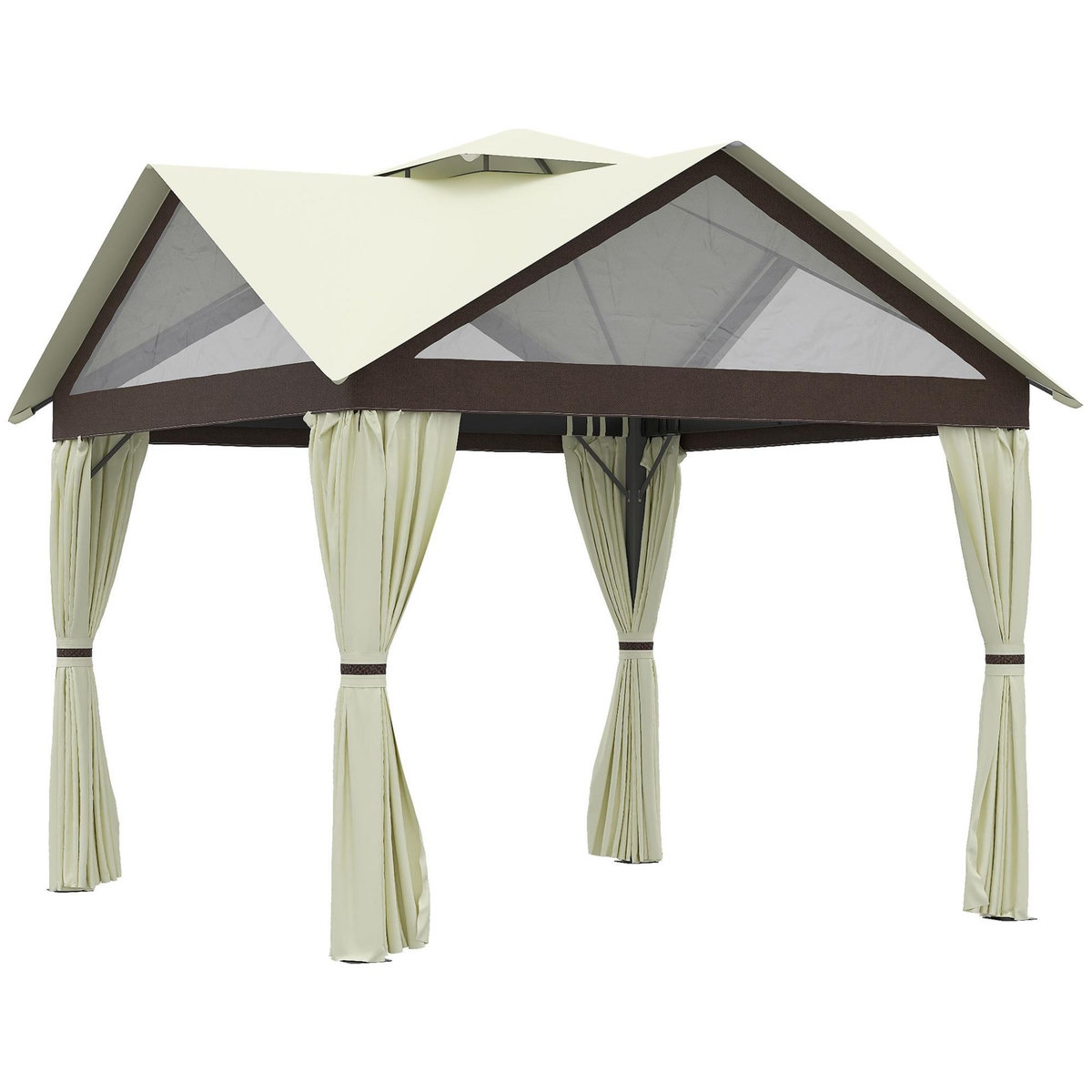 OUTSUNNY Pavillon de jardin style colonial - barnum double toit, 4 fenêtres, rideaux - dim. 3,5L x 3,5l x 3,33H m - métal noir polyester marron beige