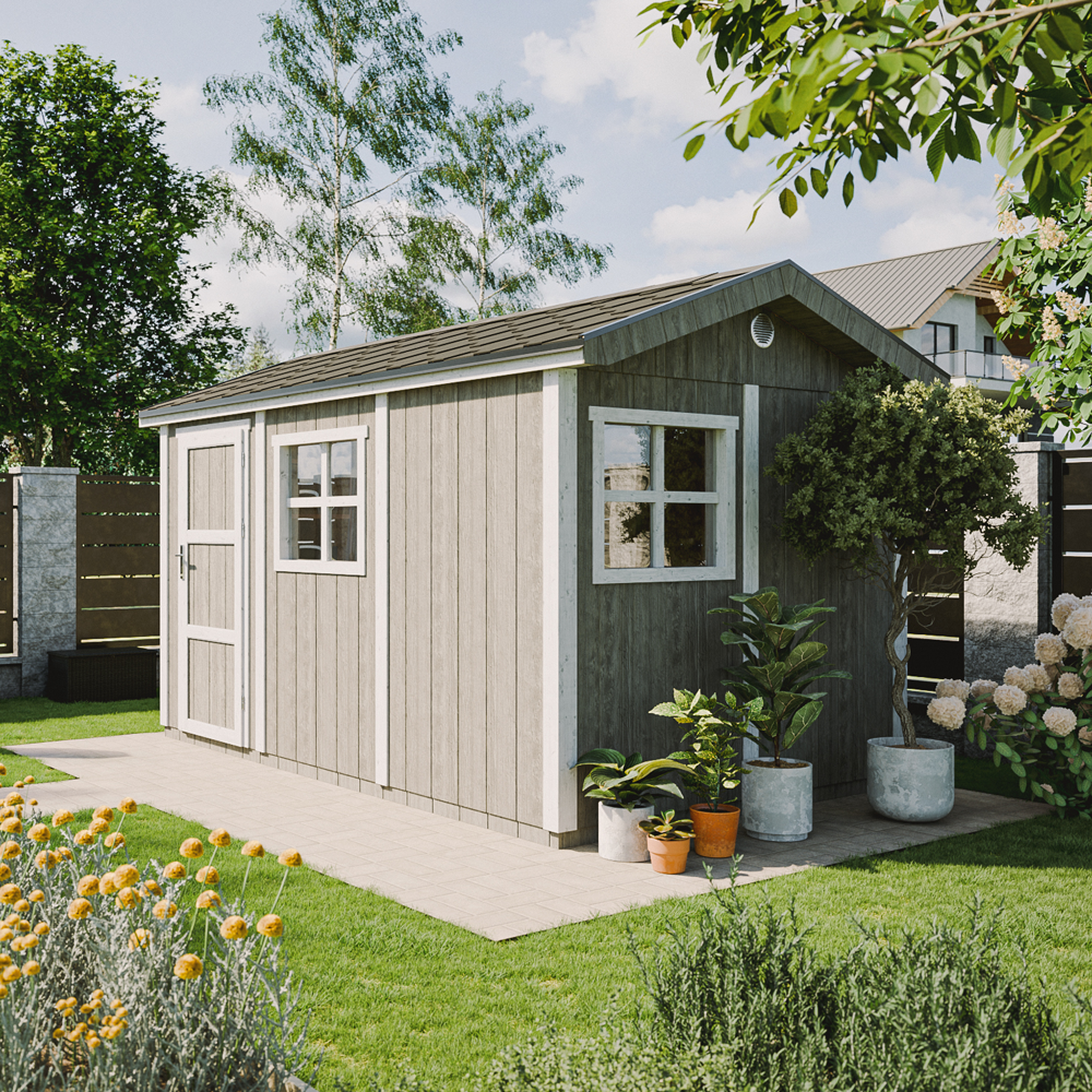 Voir la diapositive 3 : TIMBELA Abri de Jardin Qualité Premium 8,68m² H252x250x412 cm Avec un sol et des bardeaux bitumineux M914