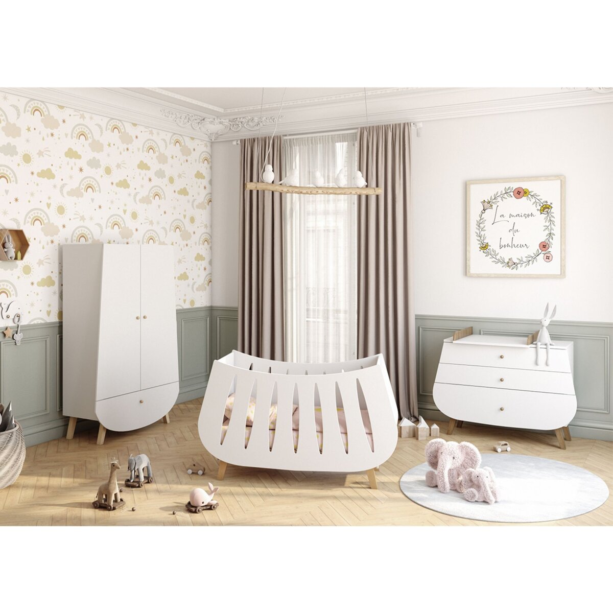 SONGES ET RIGOLADES Chambre complète lit bébé 60x120 commode à langer et armoire Trapèze - Blanc