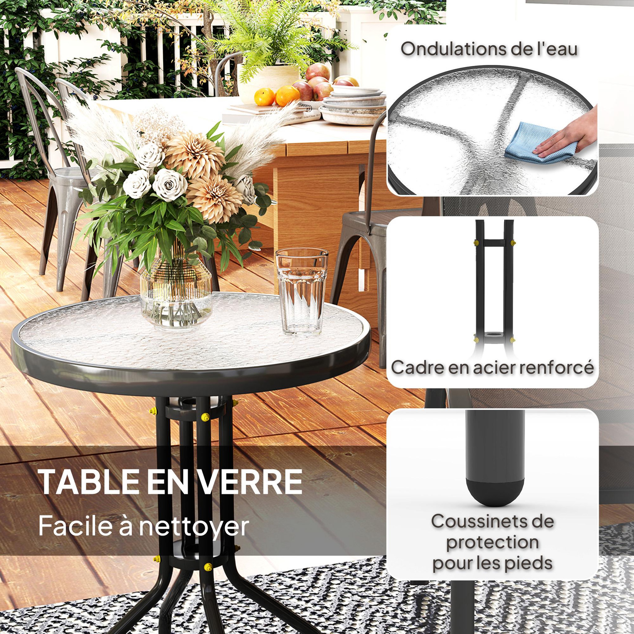 Voir la diapositive 6 : OUTSUNNY Ensemble bistro de jardin 3 pièces - 2 chaises, table ronde plateau verre - acier textilène noir