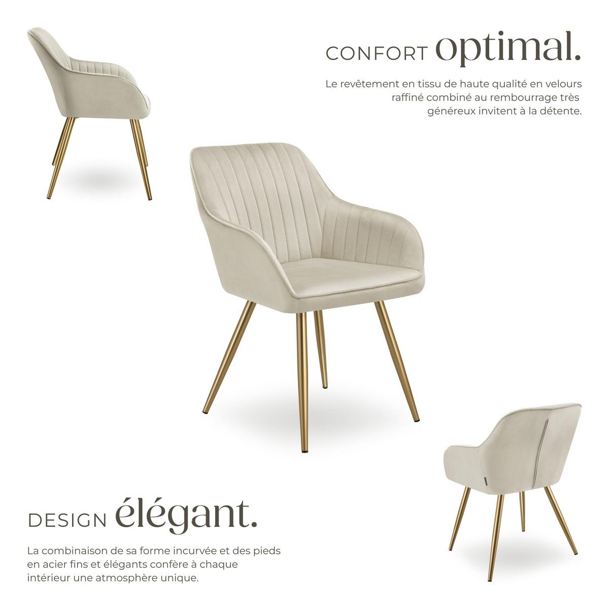 tectake Chaise de salle à manger en velours matelassé et rembourré crème/or