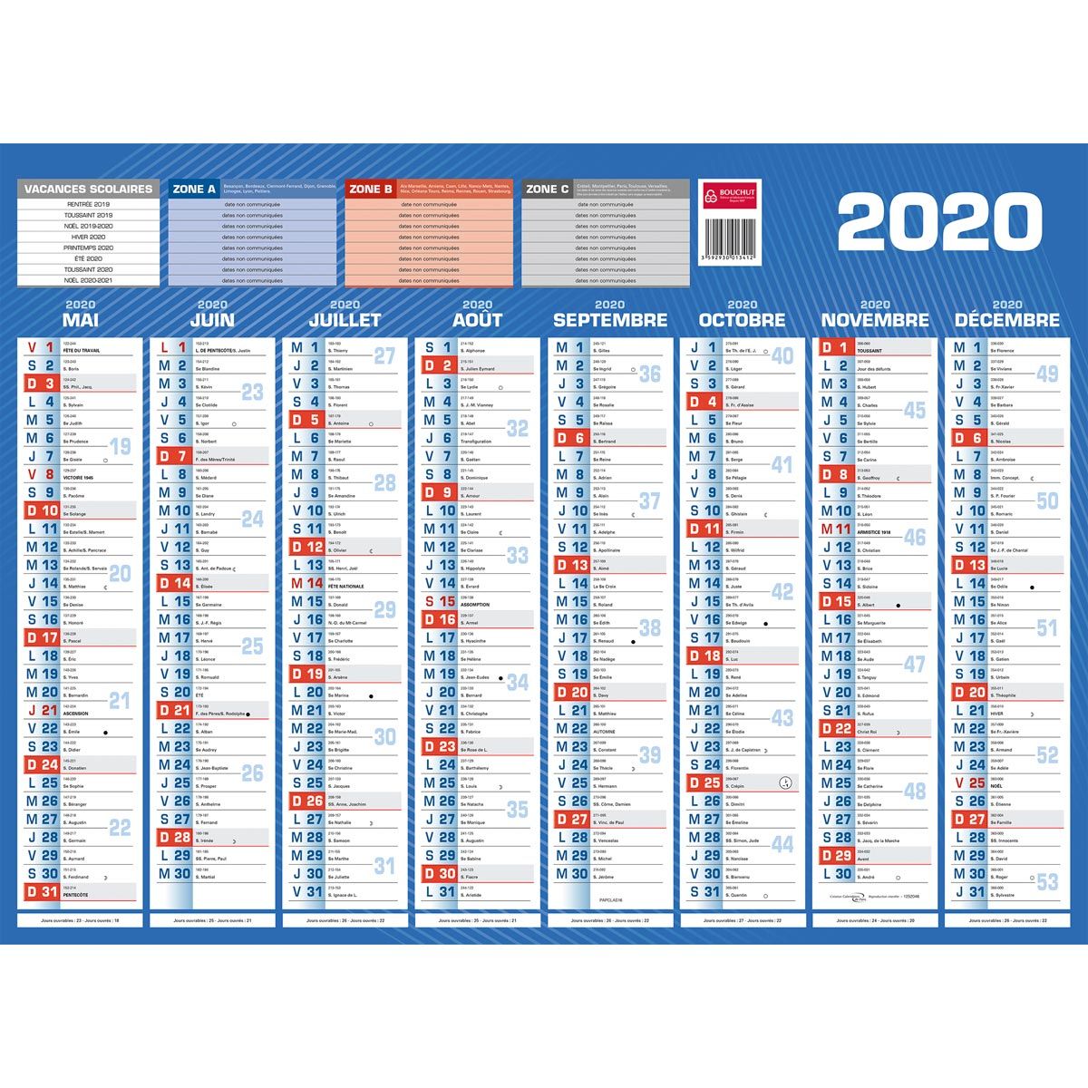 Calendrier simple 2020 bleu
