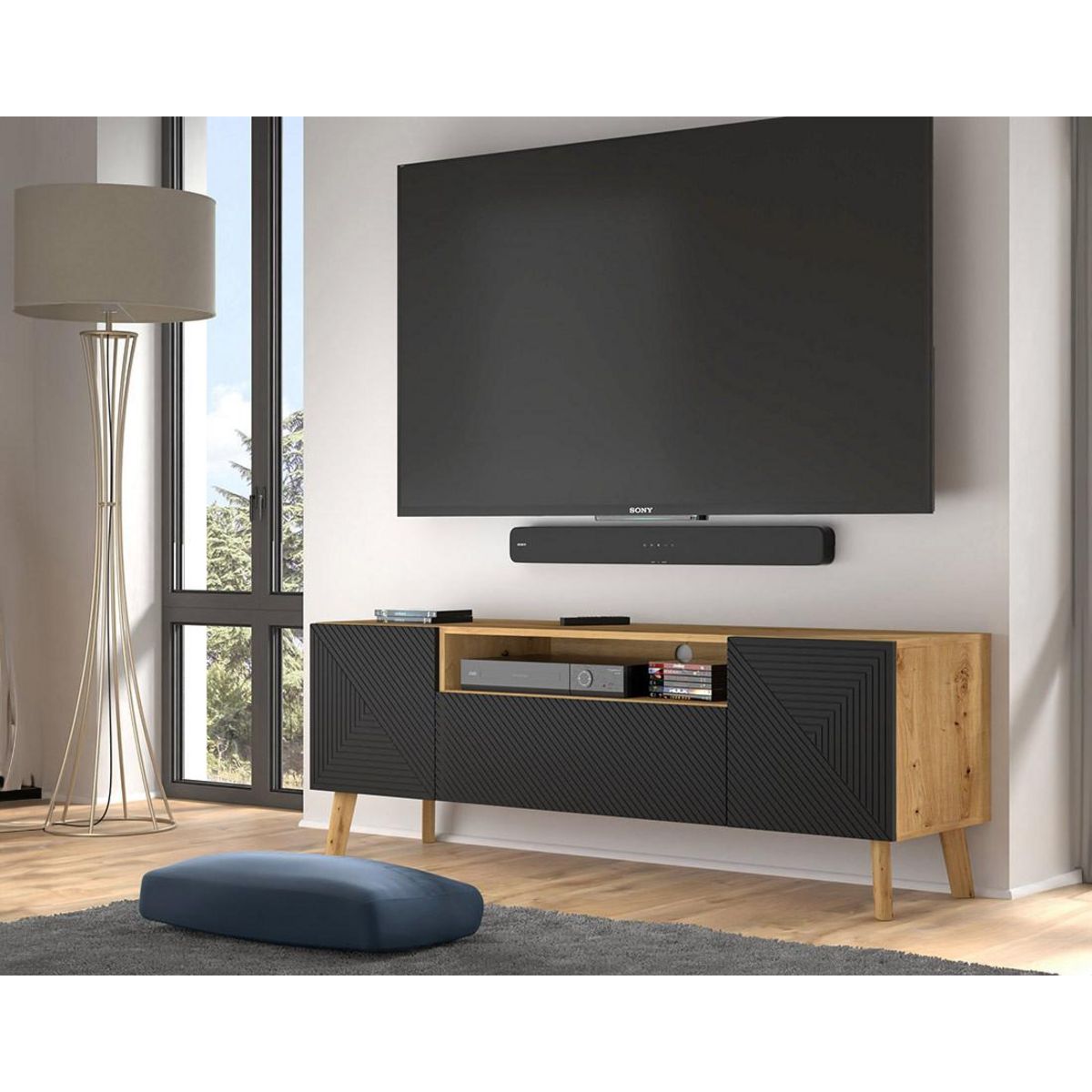 BEST MOBILIER Velato - meuble tv - effet bois et noir - 3 portes et 1 niche - 160 cm