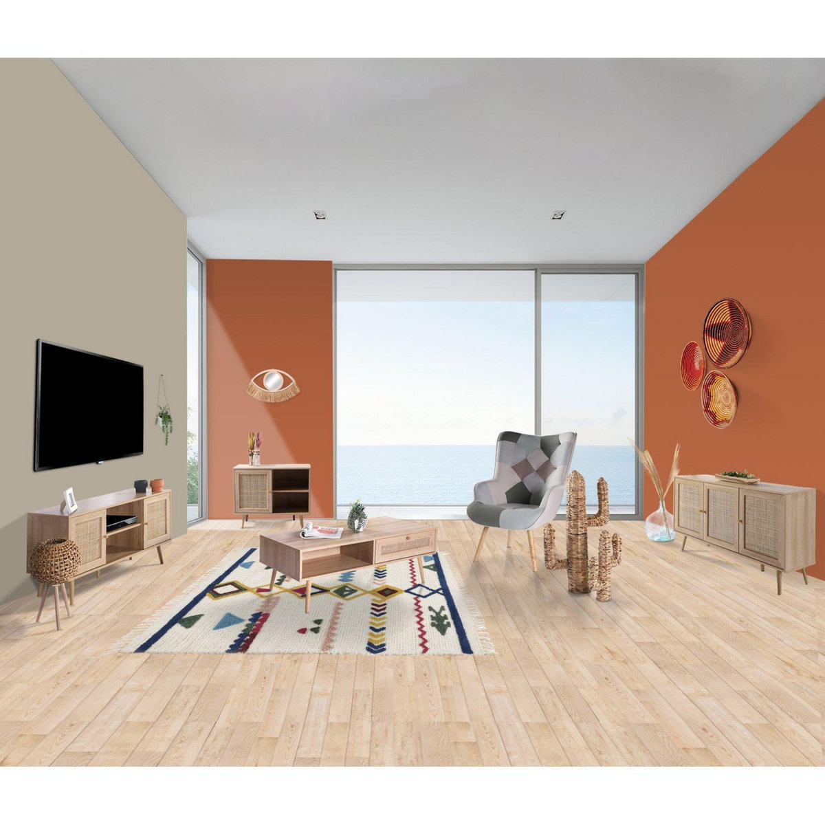 TOILINUX Buffet 3 portes en cannage et panneaux de particules - H.70cm