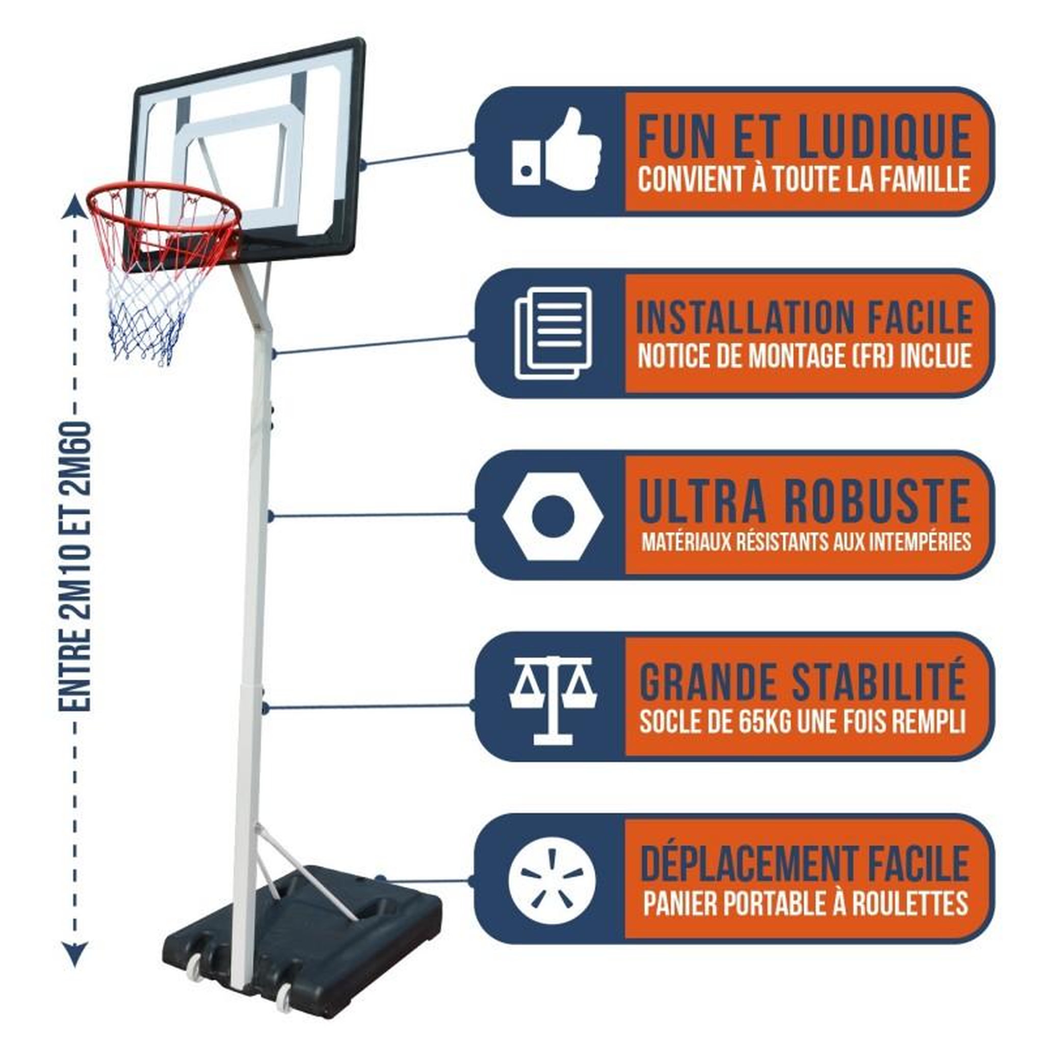 Voir la diapositive 5 : BUMBER Panier de Basket sur Pied Mobile  Charlotte  Hauteur Réglable de 2,1m a 2,6m