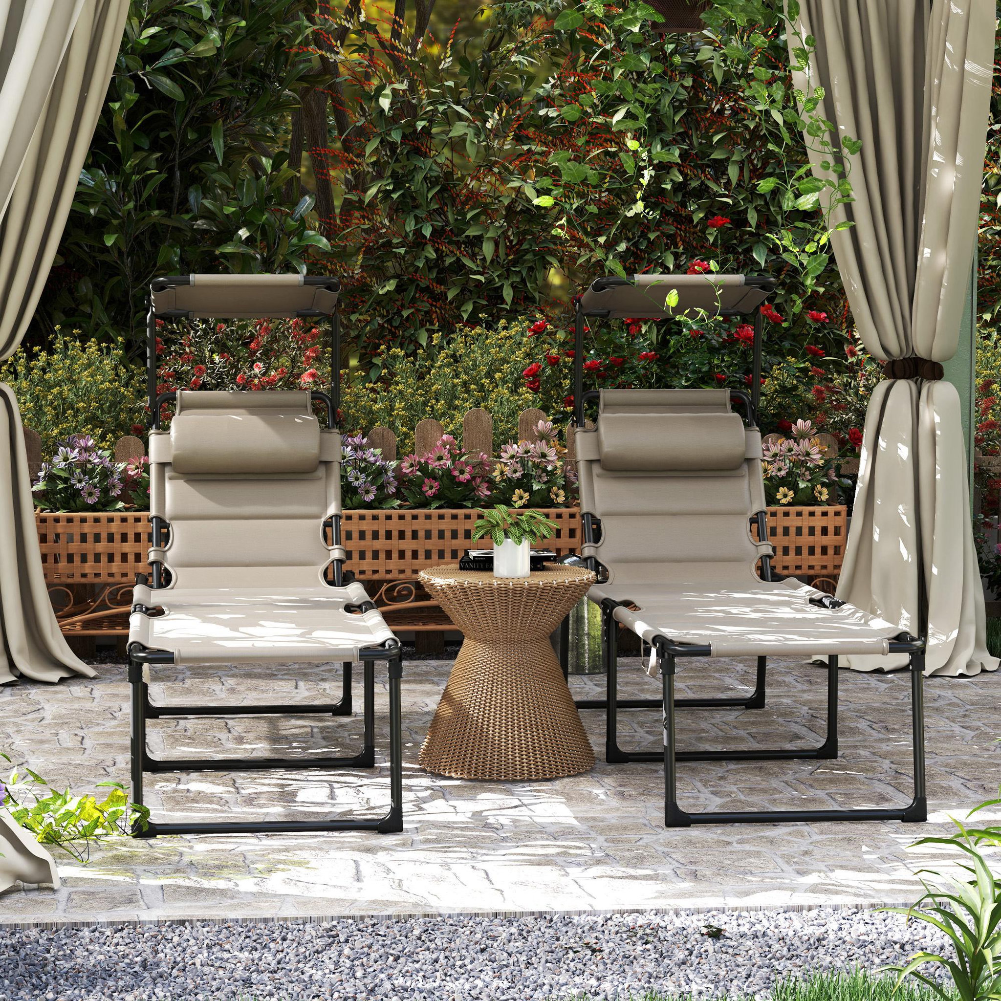 Voir la diapositive 4 : OUTSUNNY Lot de 2 bains de soleil transats pliables réglables avec pare-soleil taupe