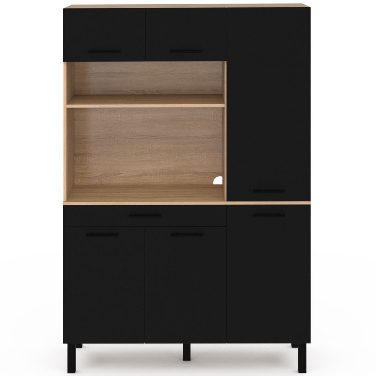 ID MARKET Buffet de cuisine avec colonne de rangement 120 CM CINA 6 portes + tiroir façon hêtre et noir