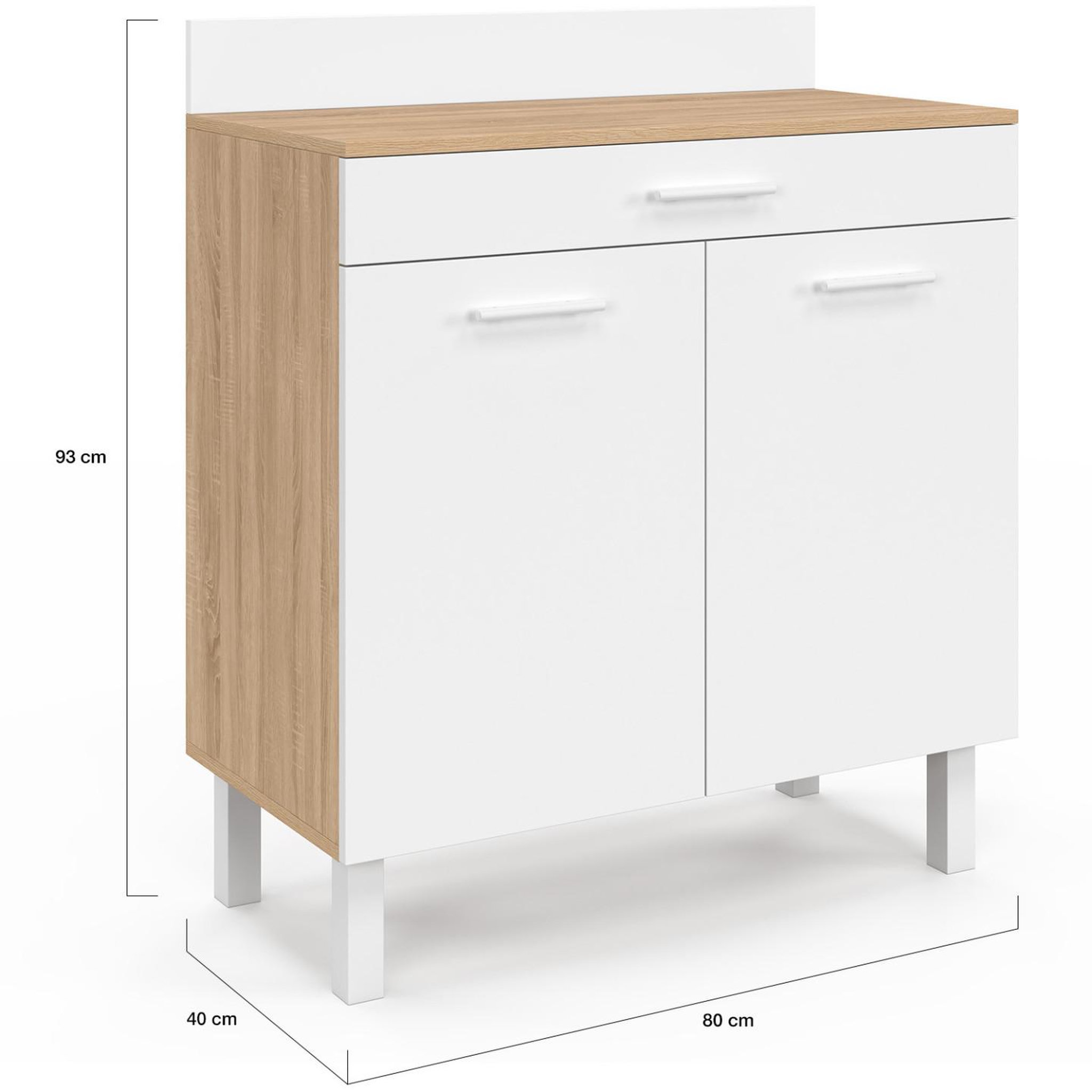 Voir la diapositive 5 : ID MARKET Buffet bas de cuisine 80 cm cina plan de travail h.83 cm 2 portes + tiroir façon hêtre et blanc