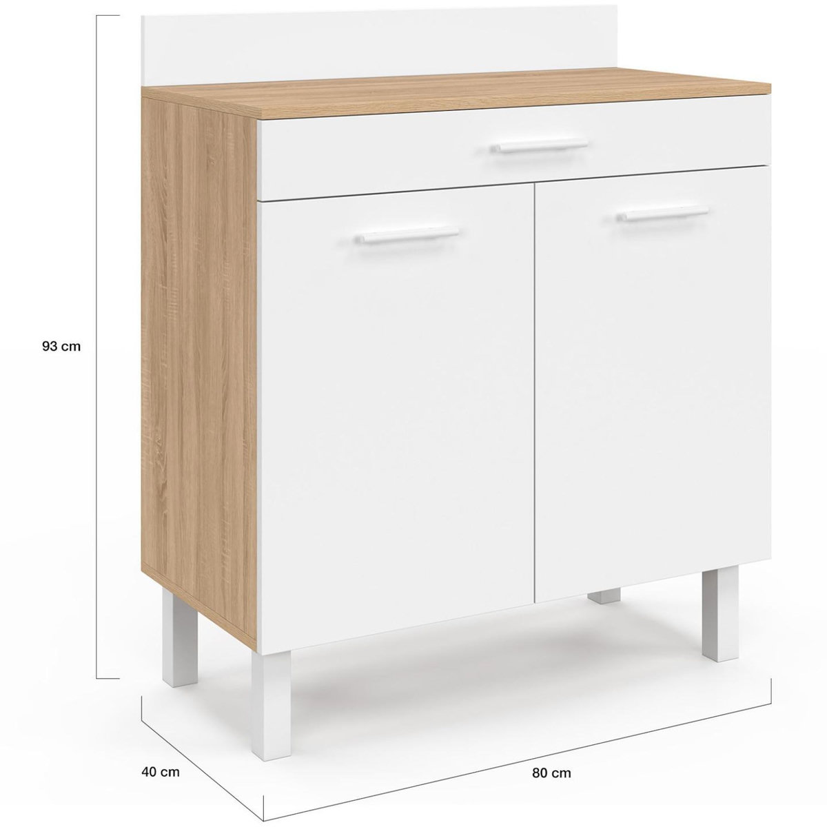 ID MARKET Buffet bas de cuisine 80 cm CINA plan de travail H.83 cm 2 portes + tiroir façon hêtre et blanc