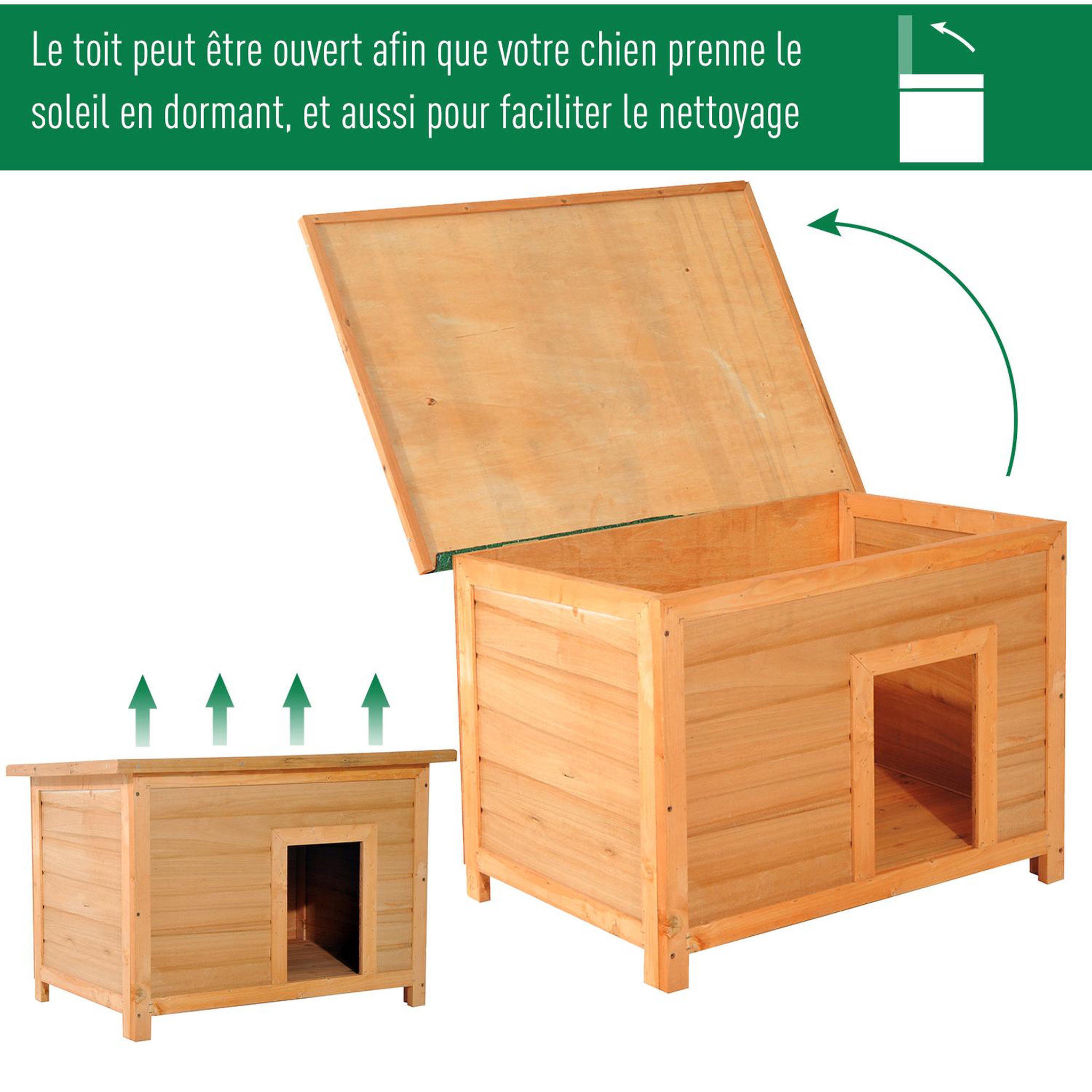 Voir la diapositive 6 : PAWHUT Niche chien sur pied dim. 85L x 58l x 58H cm - toit ouvrant bitumé vert - bois sapin pré-huilé