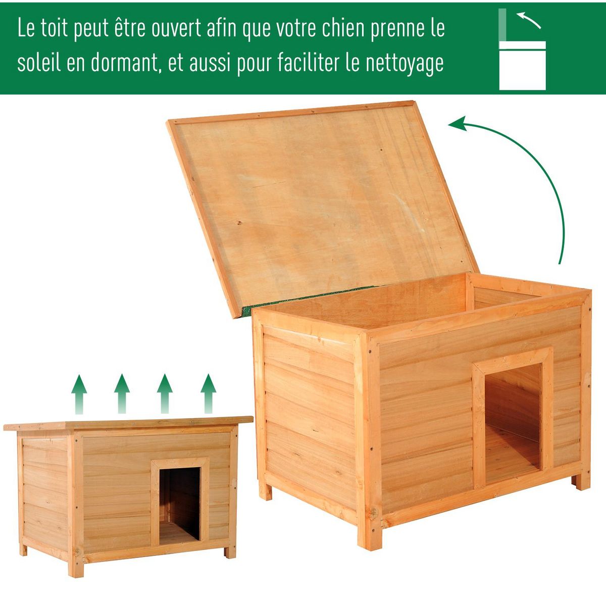 PAWHUT Niche chien sur pied dim. 85L x 58l x 58H cm - toit ouvrant bitumé vert - bois sapin pré-huilé