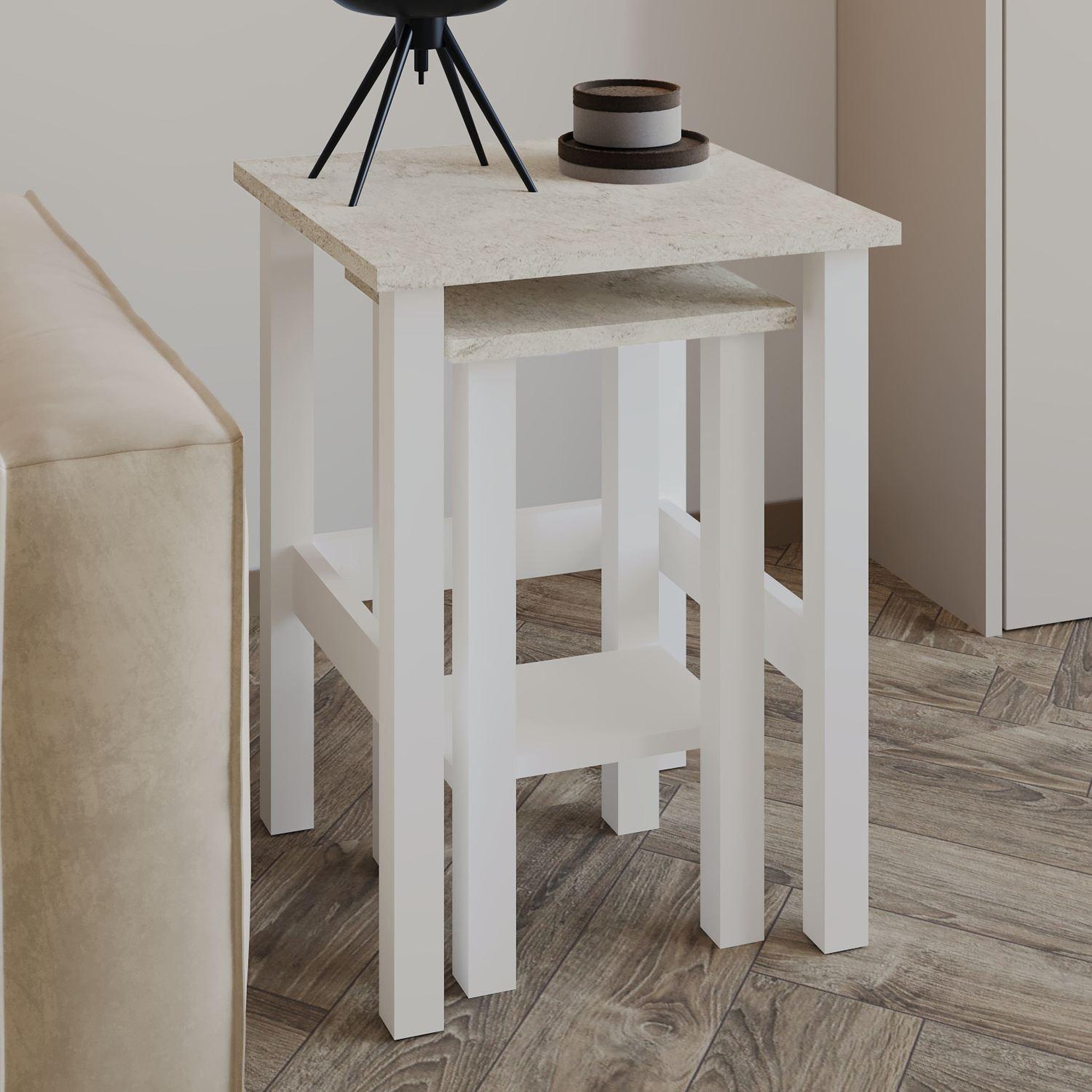 Voir la diapositive 2 : Habitat et Jardin Lot de 2 tables d'appoint en bois  gina 2  - 45 x 45 x 60 cm - blanc