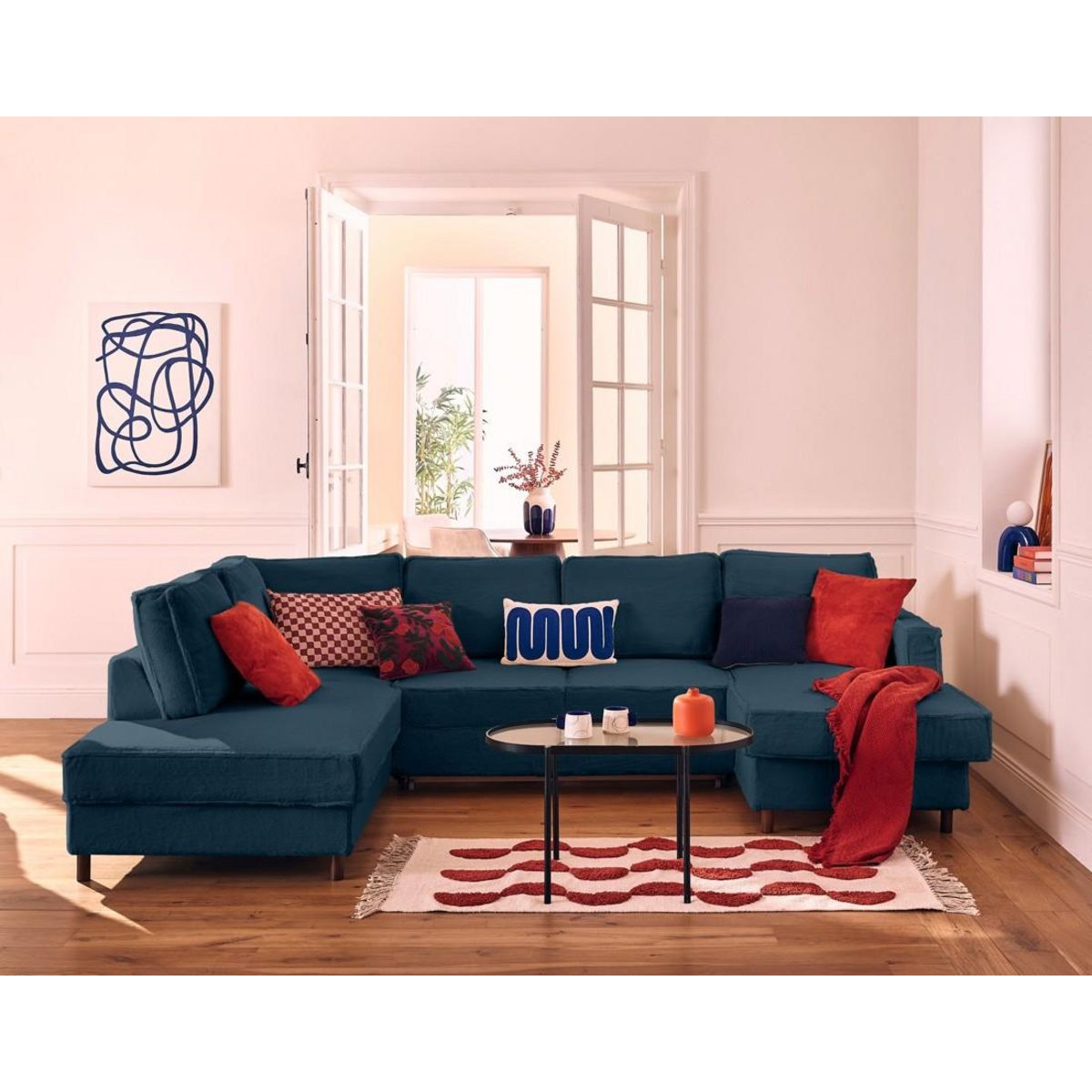 LISA DESIGN Jake - canapé panoramique d'angle gauche 7 places convertible avec coffre en fausse fourrure