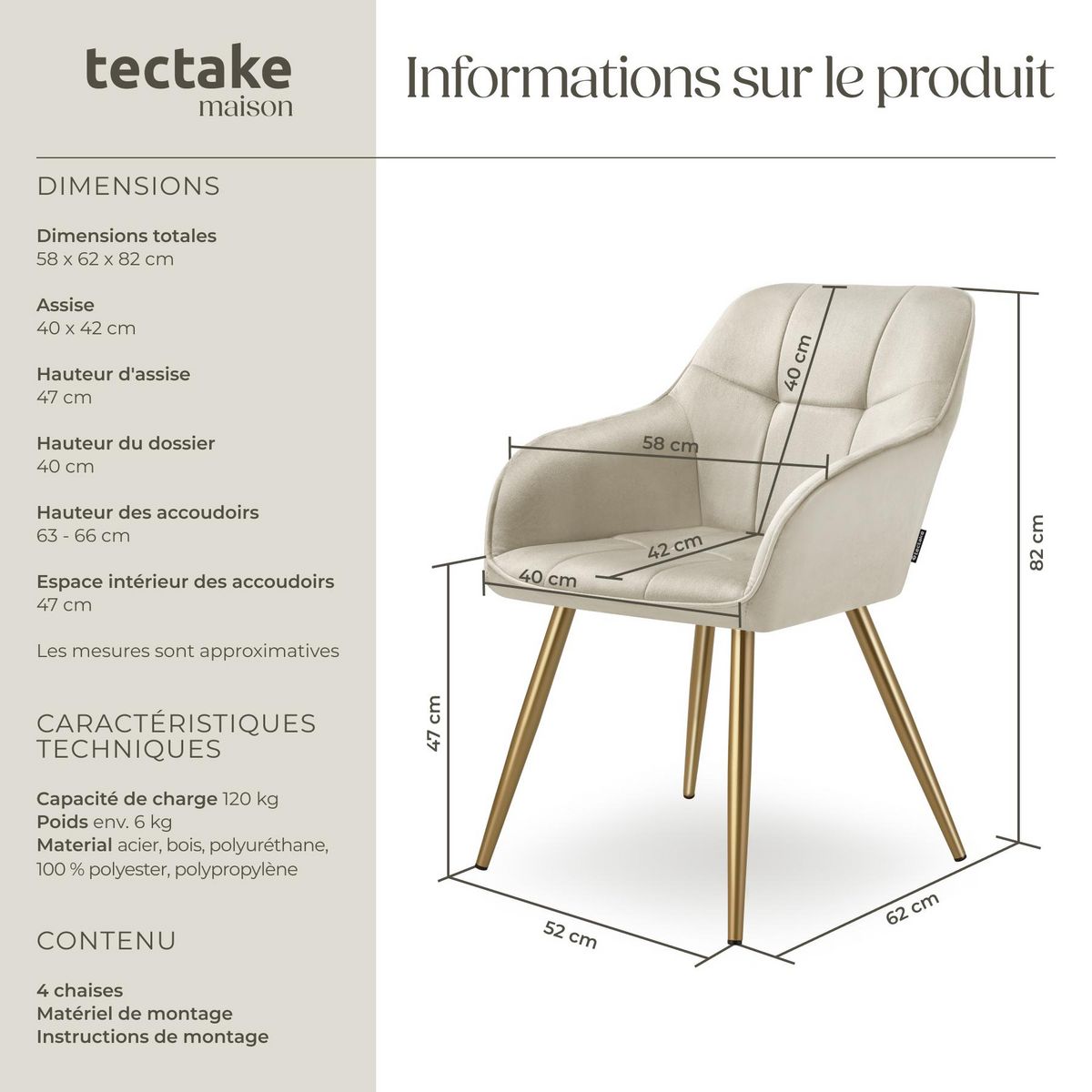 tectake Chaise de salle à manger en velours rembourré capitonné crème/or Lot de 4