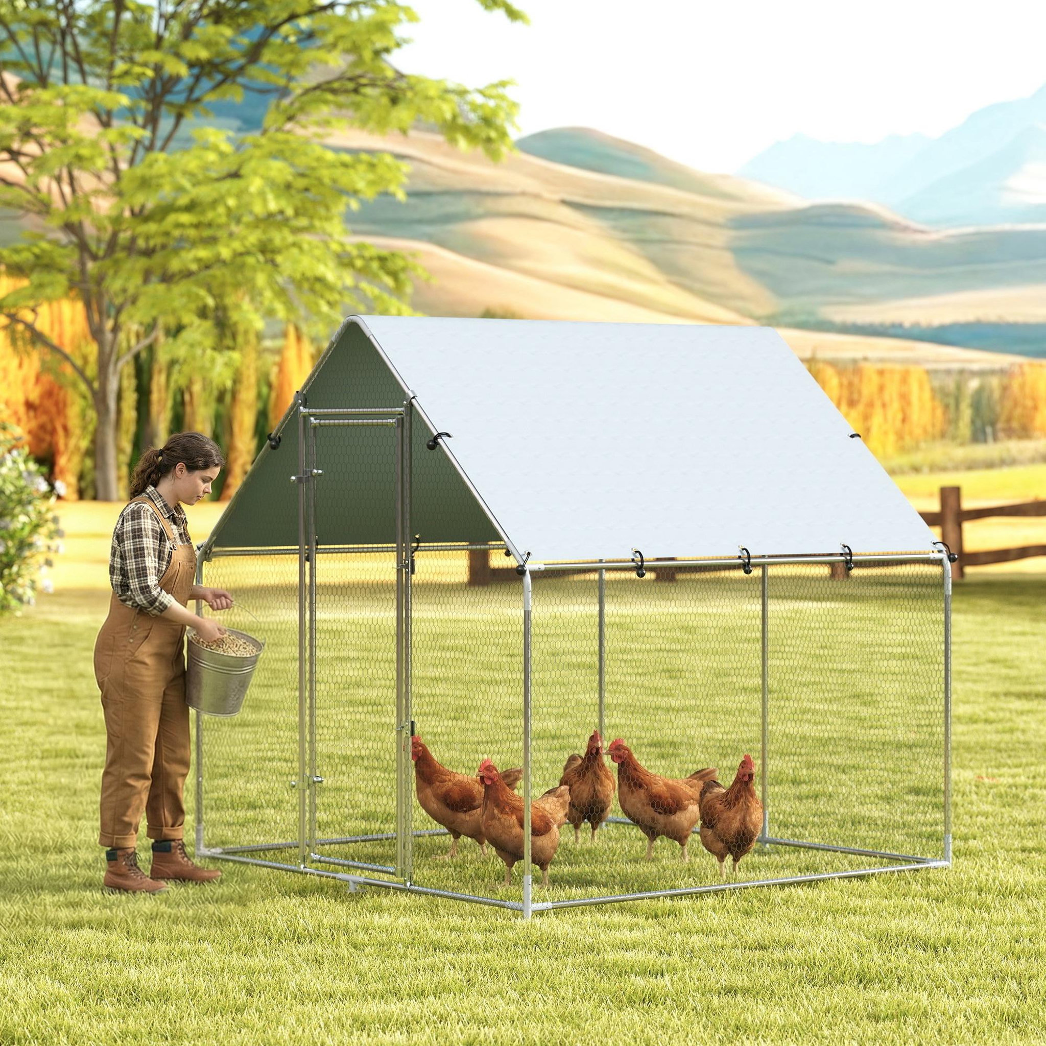 Voir la diapositive 6 : PAWHUT Enclos poulailler extérieur 4 m² bâche Oxford 420D anti-UV argent