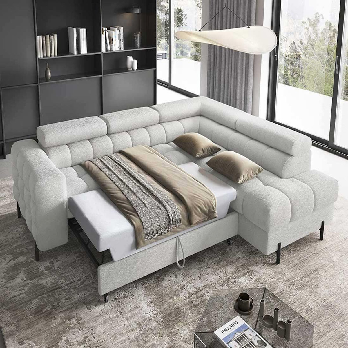 BEST MOBILIER Elisa - canapé d'angle droit 5 places convertible avec coffre et têtières réglables en tissu bouclette