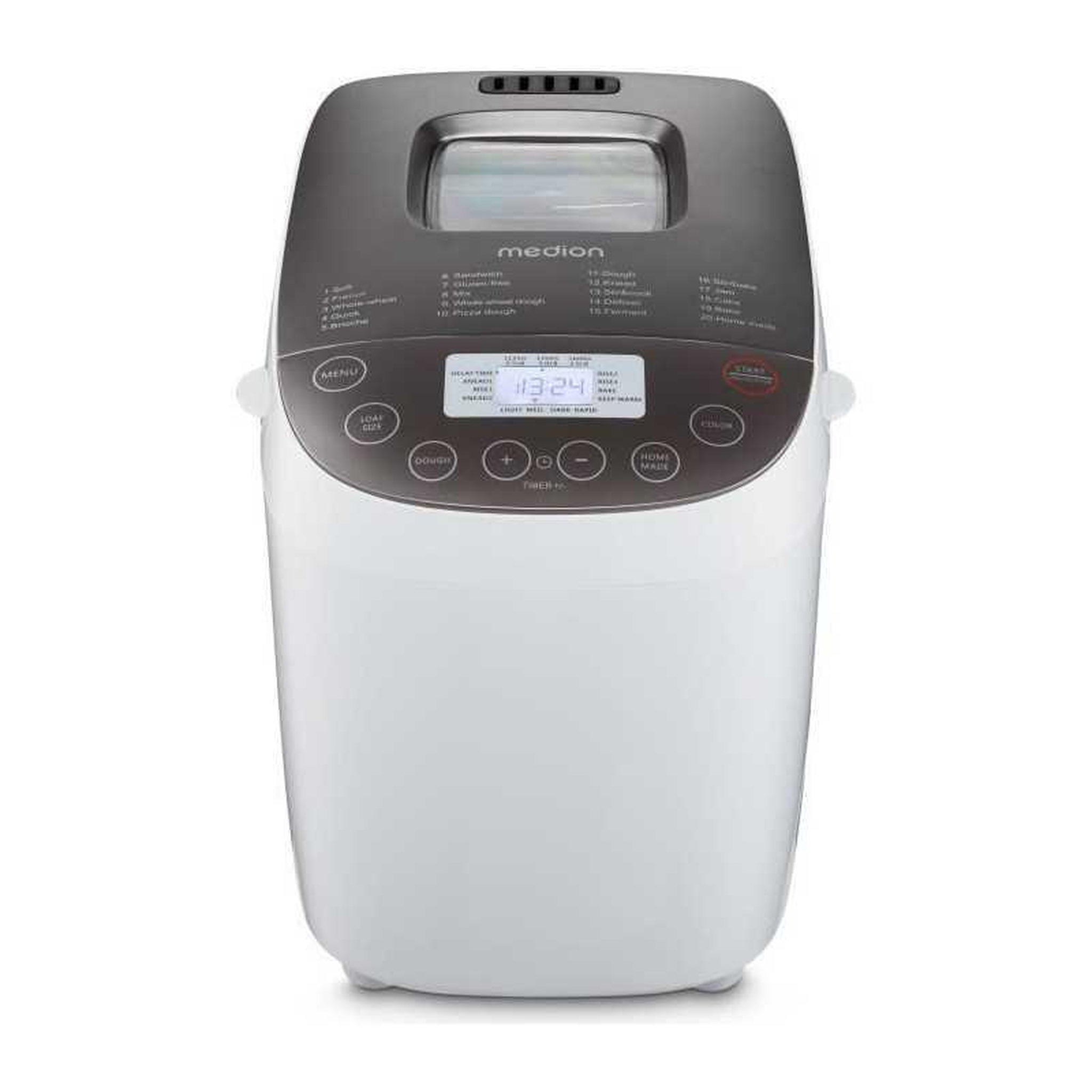 Medion Machine à pain medion 950w blanche, 19 programmes, capacité 1,8 kg, écran lcd et minuterie jusqu'à 15 h, 3 niveaux de coloration de croûte