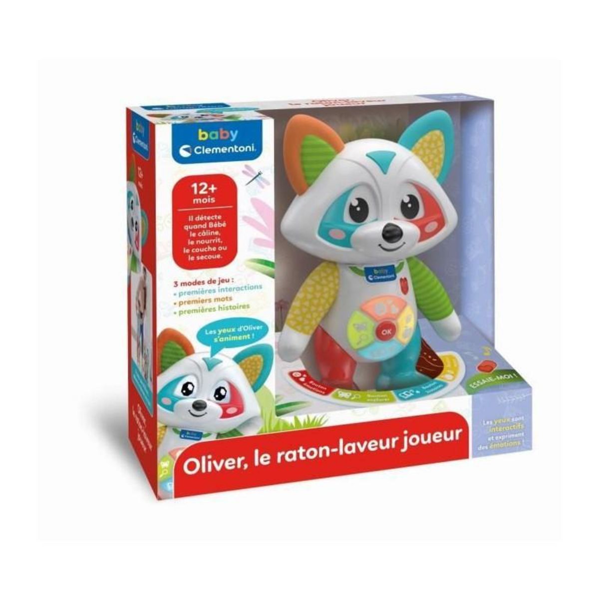 CLEMENTONI Baby Clementoni - Oliver, le raton-laveur joueur - Jeu intéractif - 4 modes de jeux : Émotions, Repas, Histoire et Exploration