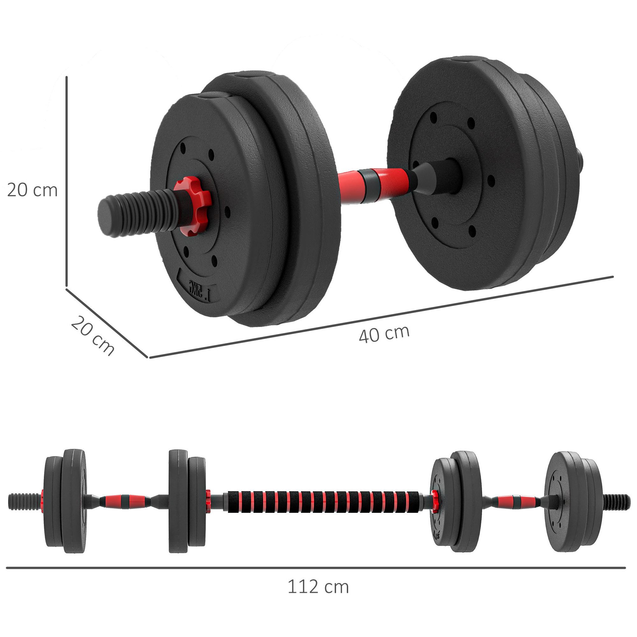 Voir la diapositive 3 : HOMCOM Ensemble d'haltères courtes total 15 kg - barres incluses - entraînement musculaire & haltérophilie - acier hdpe noir rouge