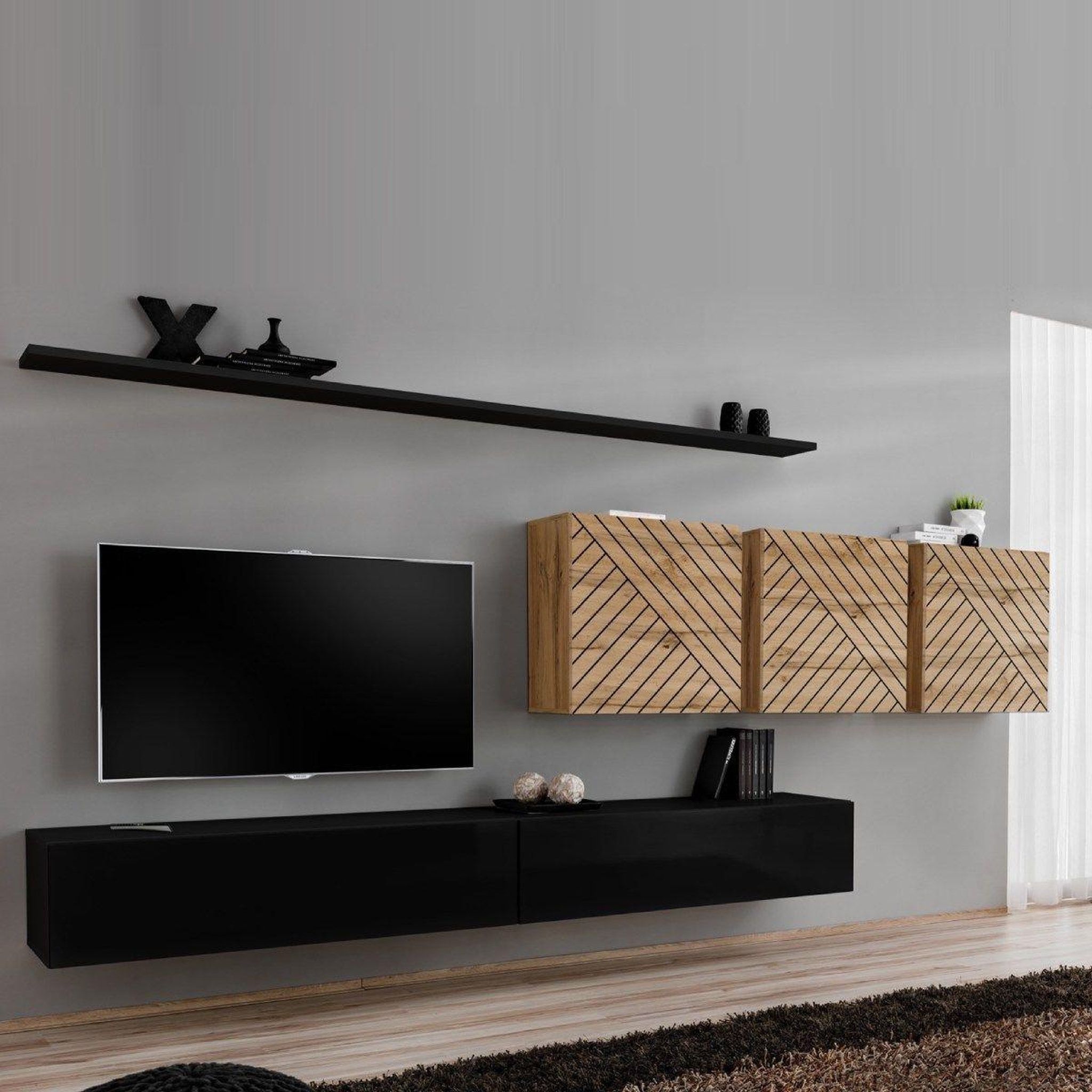 Paris Prix Ensemble meuble tv  switch lamel vii  340cm noir & naturel