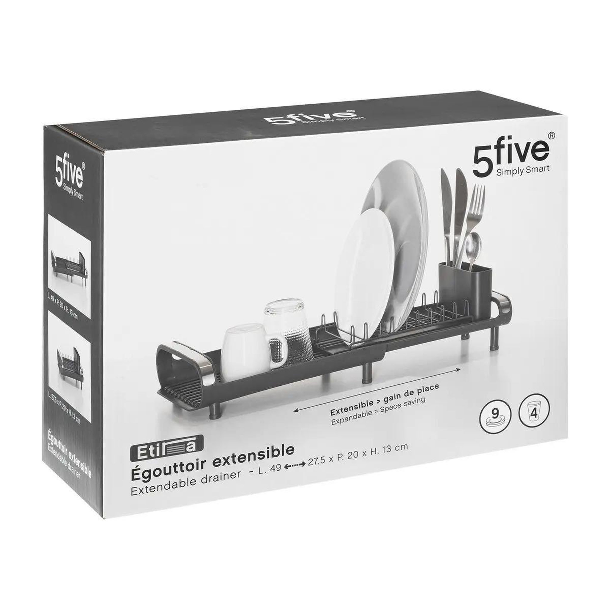 Voir la diapositive 3 : FIVE Égouttoir extensible avec plateau  etira  49cm gris