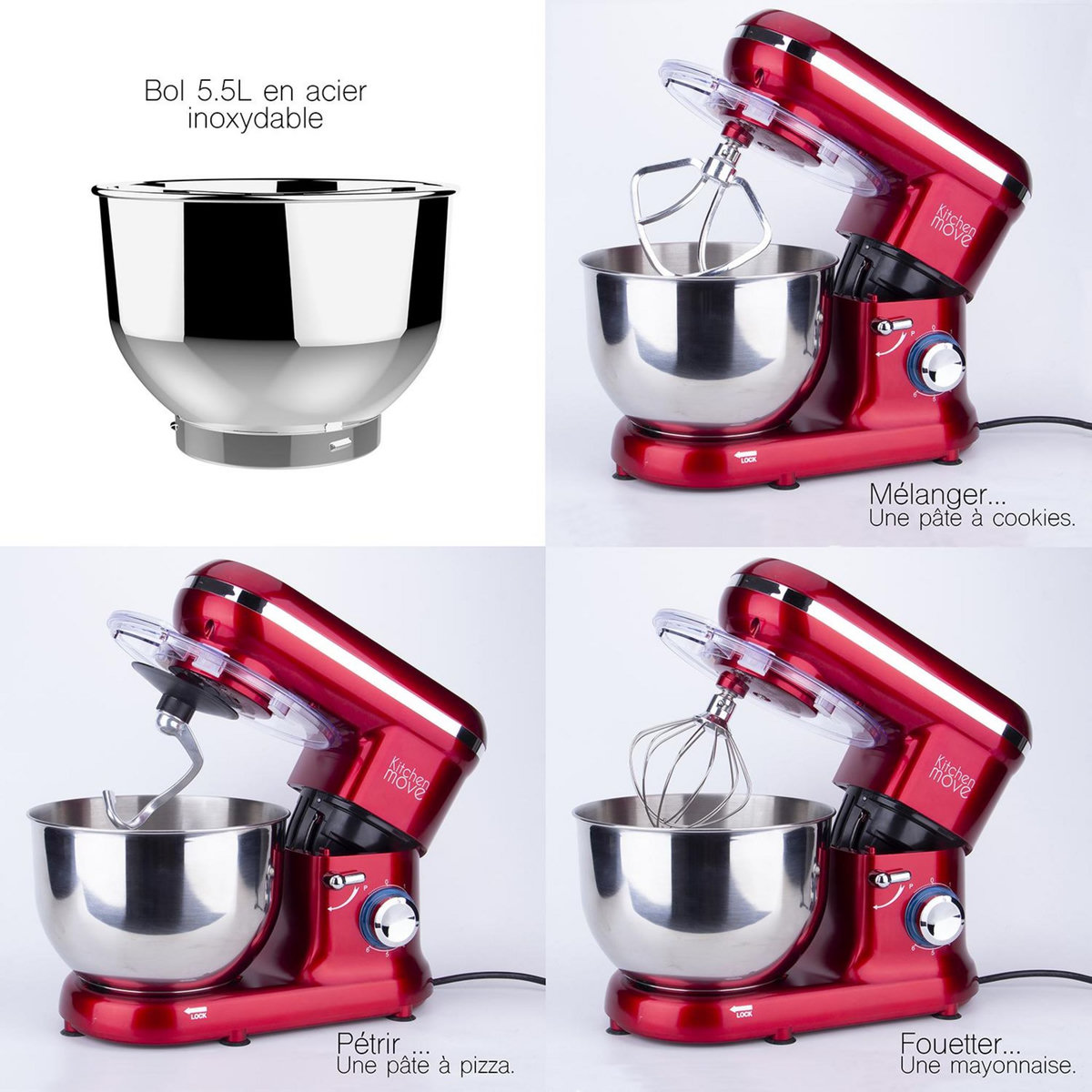 Kitchen move Robot pâtissier multifonctions 5.5l 1500w rouge - bat-1519