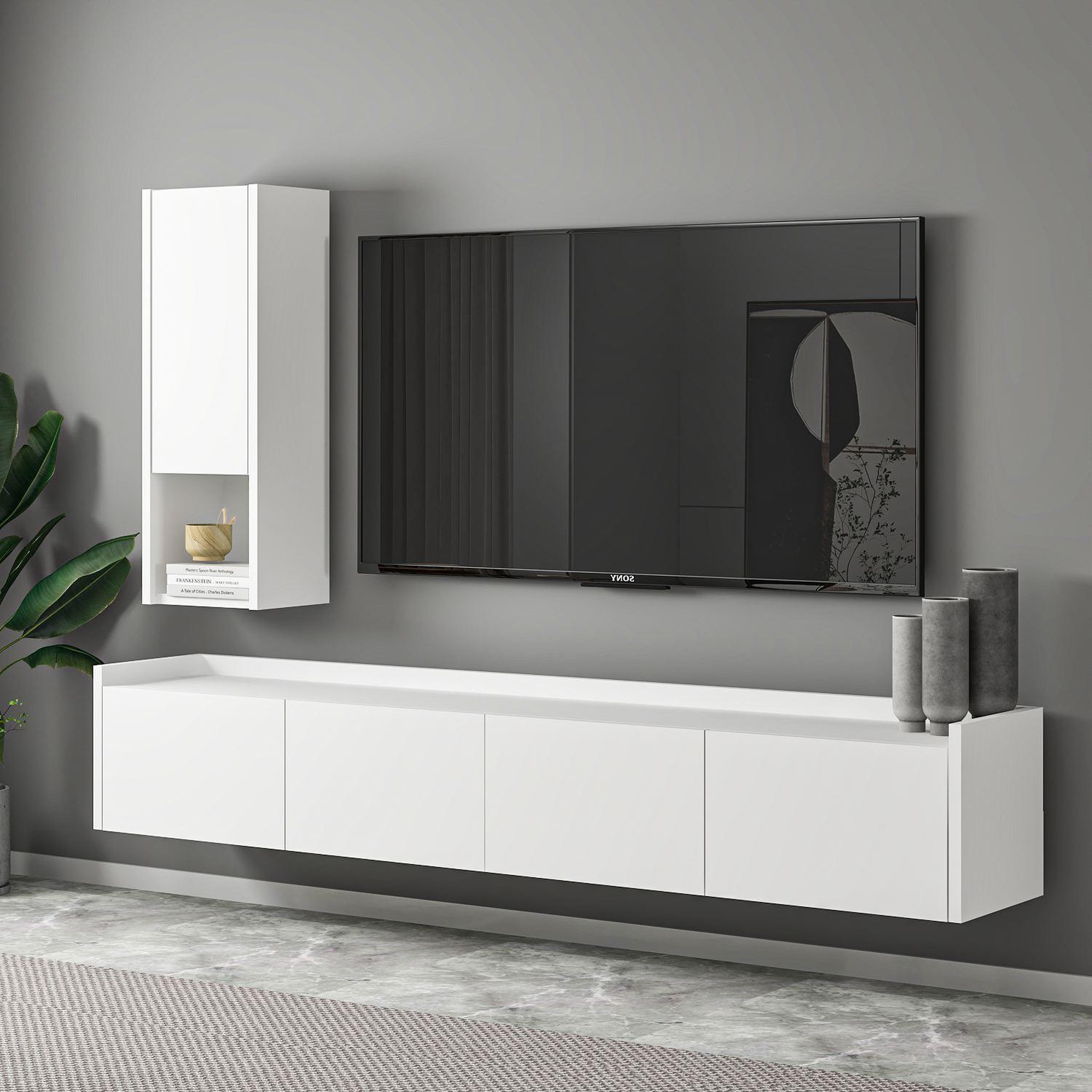 Voir la diapositive 3 : Habitat et Jardin Meuble tv avec étagère murale en bois  sema  - 160 x 30 x 35 cm - blanc