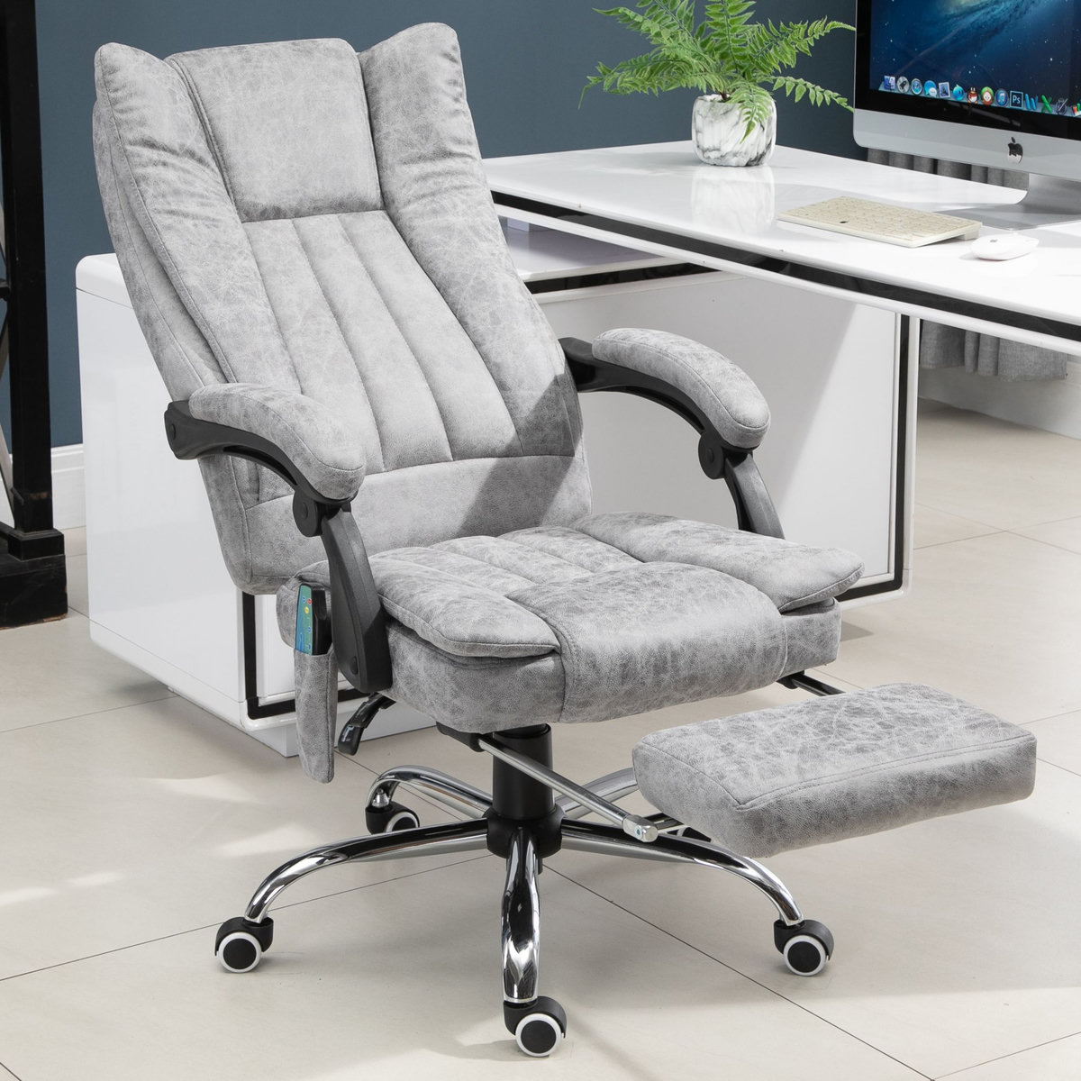 HOMCOM Fauteuil de bureau direction massant chauffant hauteur réglable dossier inclinable repose-pied revêtement synthétique gris
