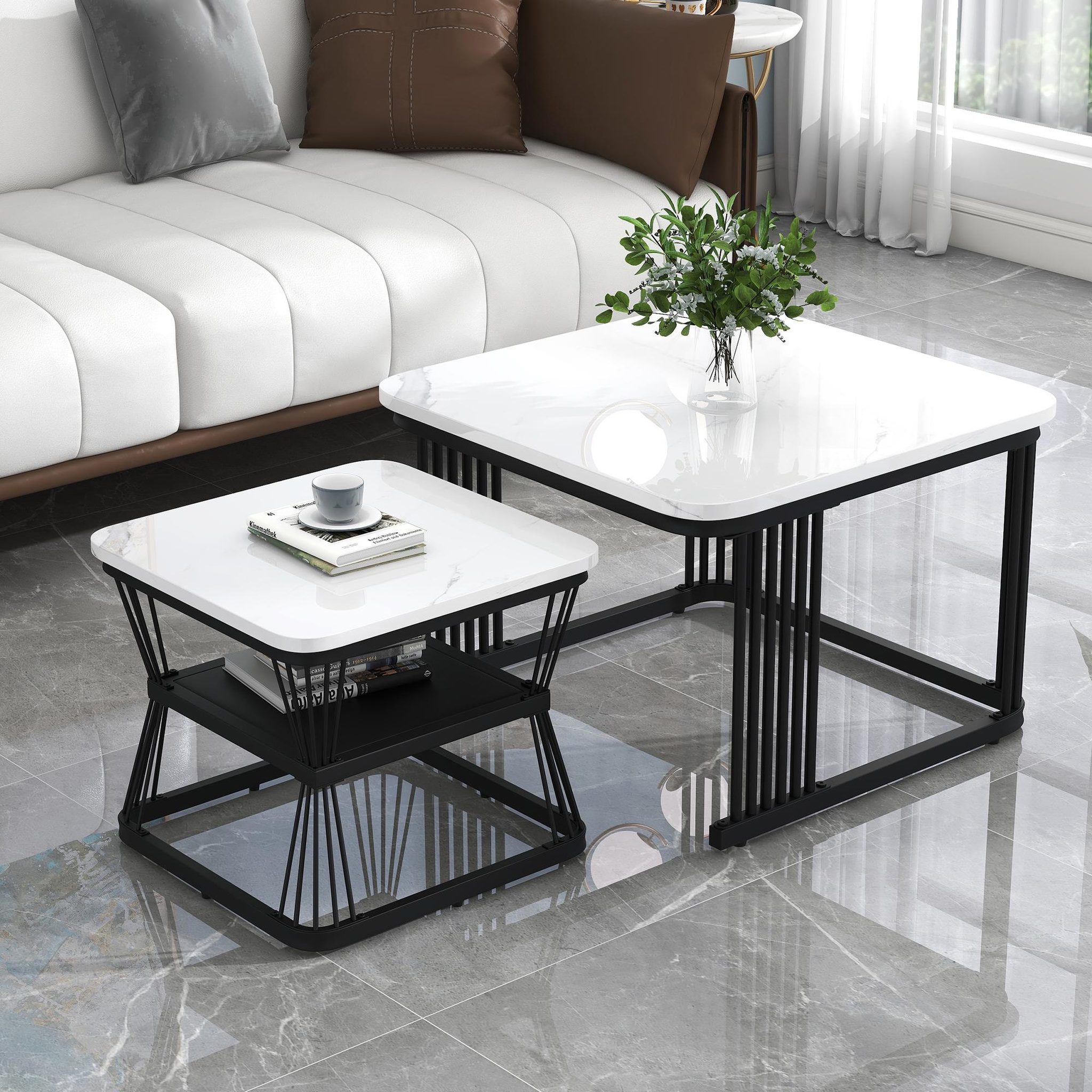 Voir la diapositive 2 : MERAX Table basse gigogne rectangulaire blanc+noir - 65x65 cm mdf