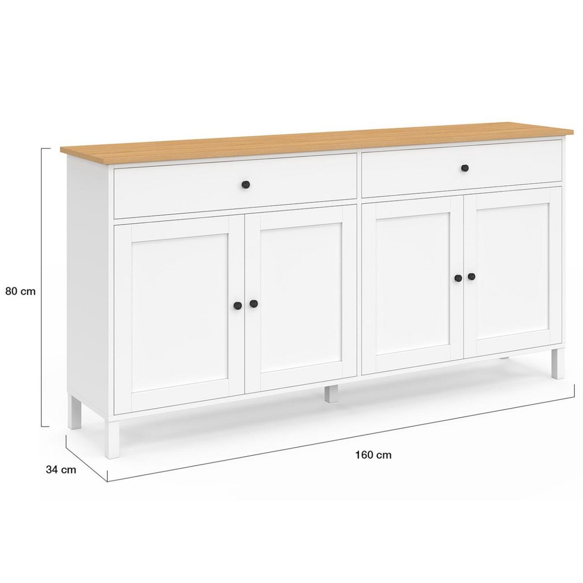 ID MARKET Buffet 160cm ACHILLE 4 portes et 2 tiroirs blanc et plateau bois